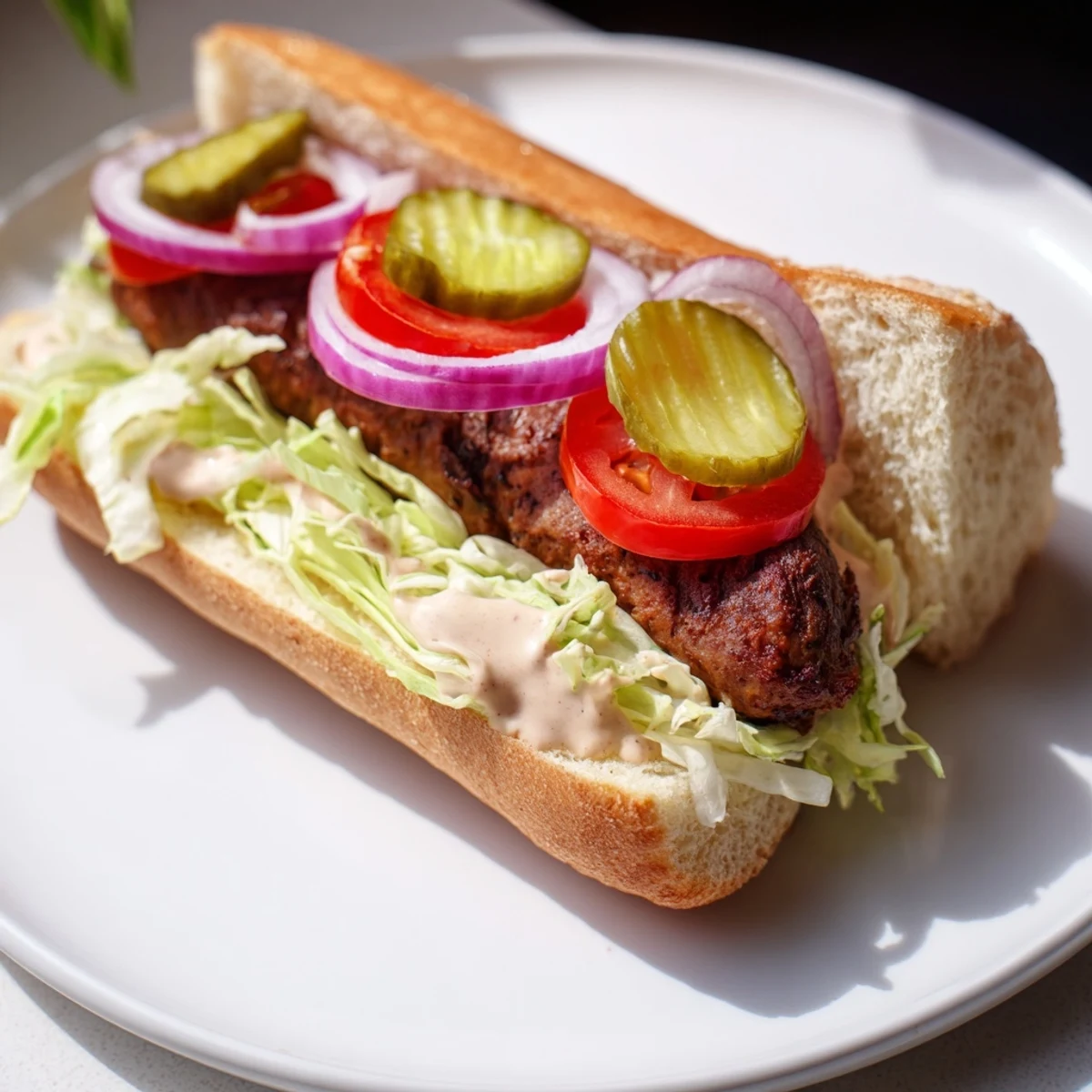 The juicy Cajun beef sausage po boy sandwich features a crusty French baguette loaded with crunchy vegetables and a zesty Creole sauce.