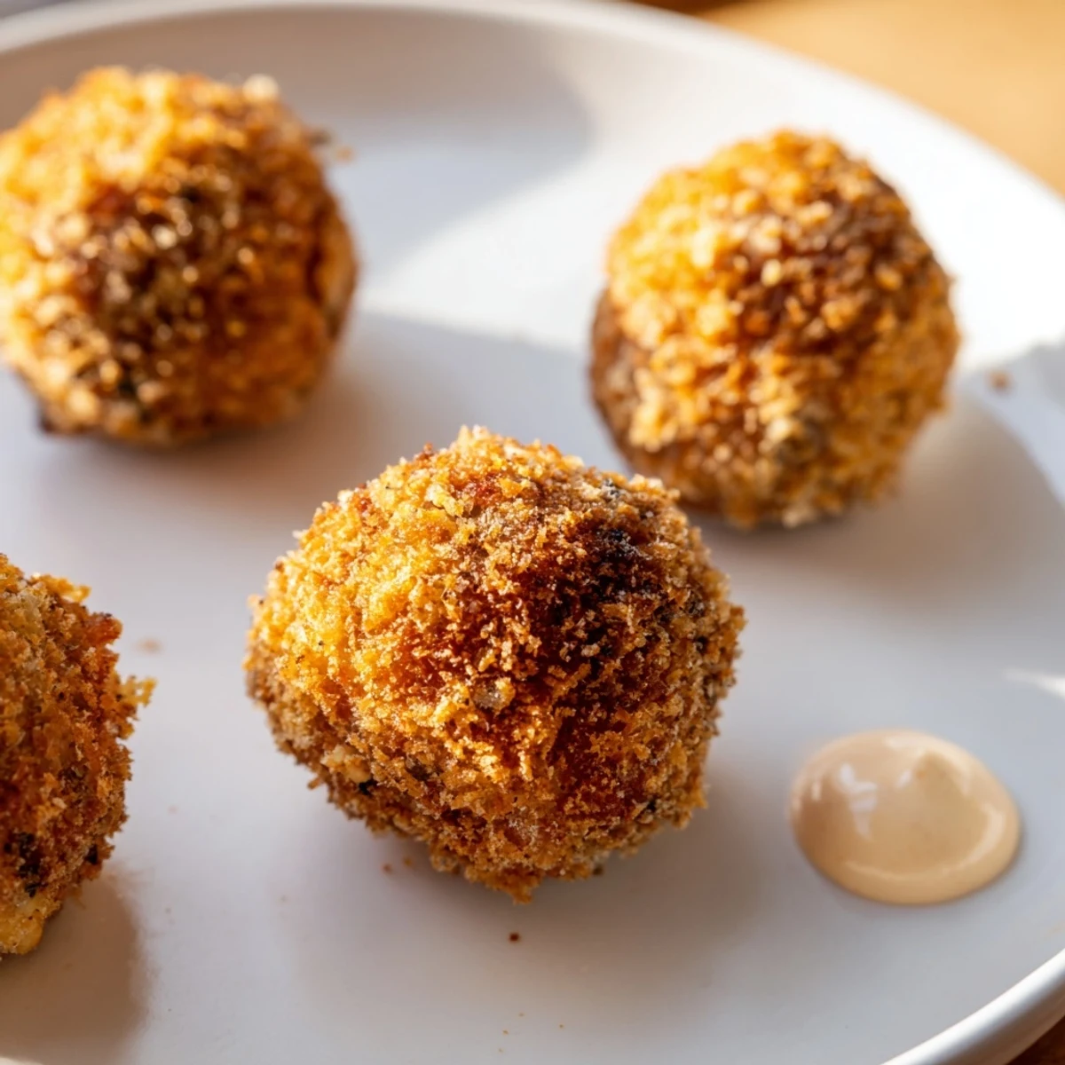 Golden brown, crispy Reuben Balls with Spicy Thousand Island sauce glisten on a rustic platter, perfect for game day appetizers.
