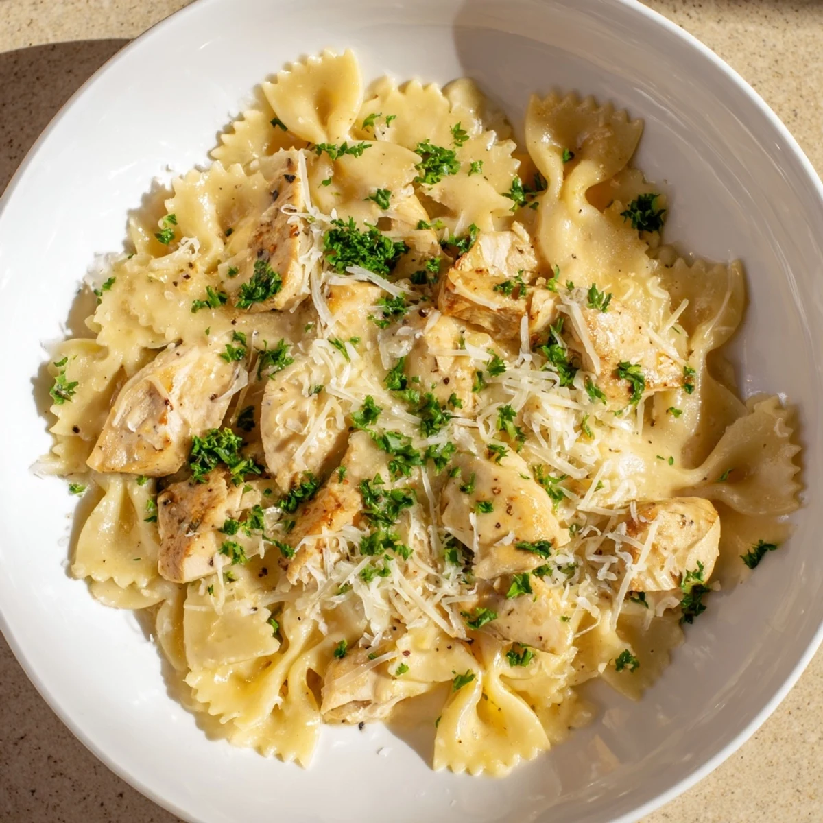 The finished Mozzarella Garlic Butter Chicken Bowties in Cheesy Cream plated in a shallow bowl, with melted mozzarella strands and steam rising from the rich, buttery sauce.