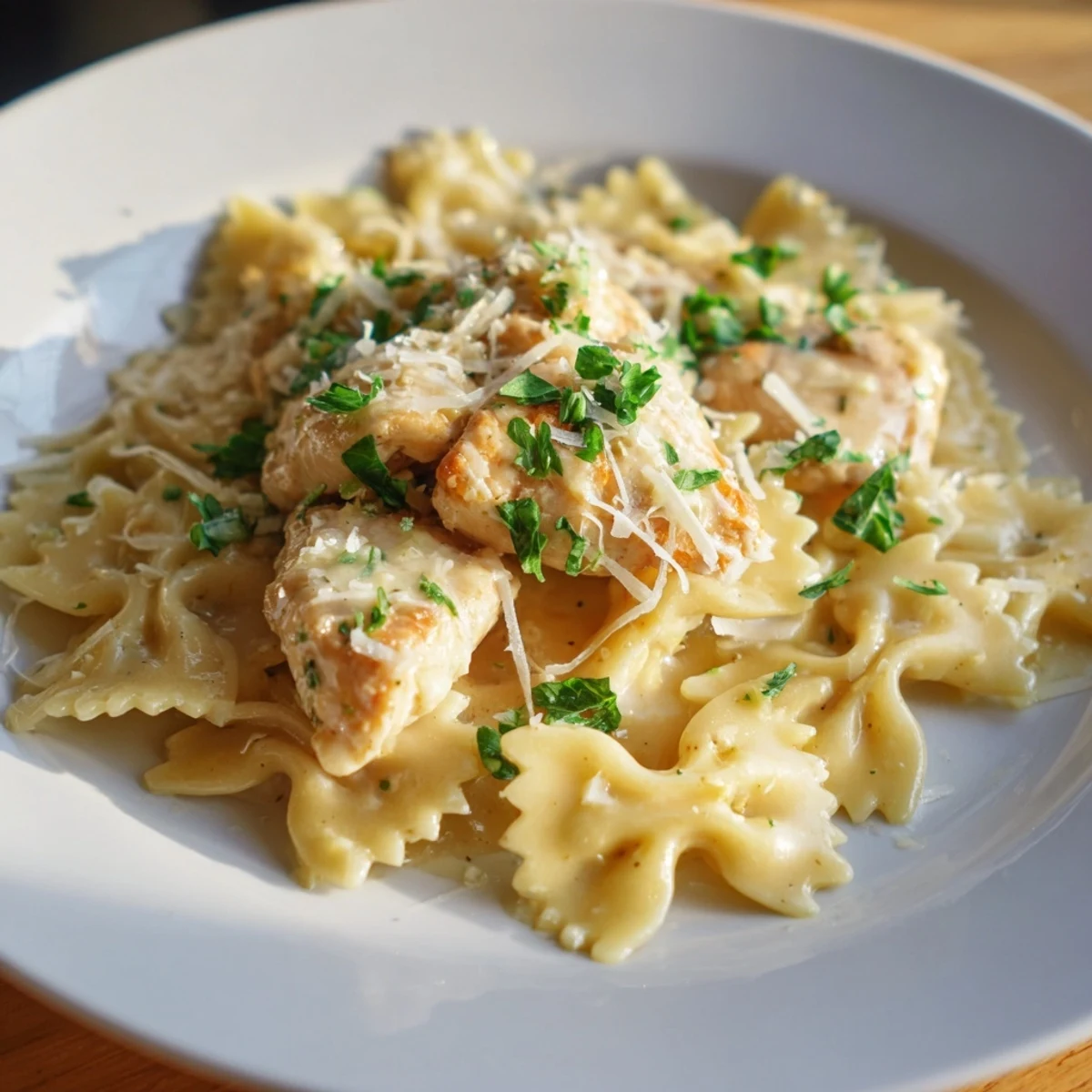 Overhead view of Mozzarella Garlic Butter Chicken Bowties in Cheesy Cream, highlighting the cheesy texture, tender chicken, and colorful garnish on a rustic wooden table.