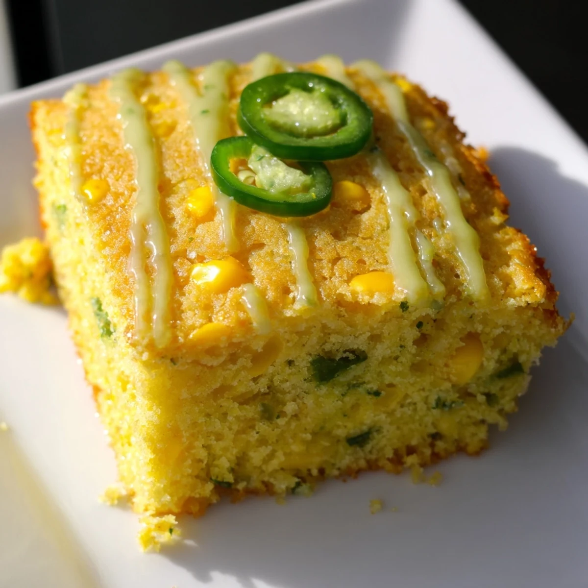 A square of warm Spicy Sweet Jalapeño Cornbread with Zesty Lime Drizzle sits beside chili for a classic American side dish.