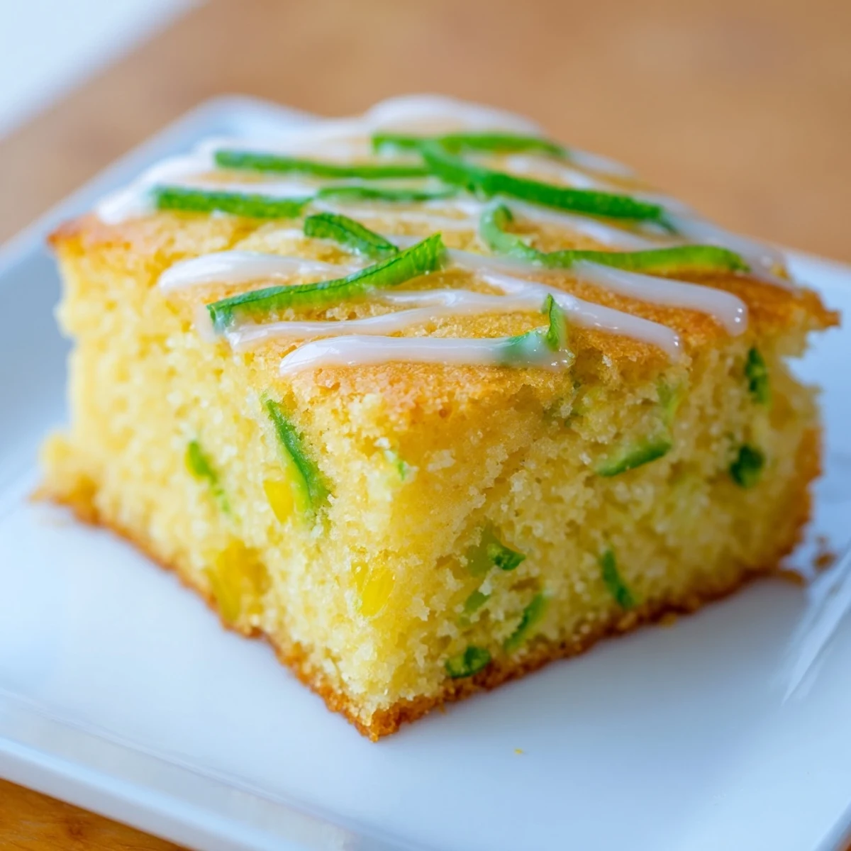 Golden slices of Spicy Sweet Jalapeño Cornbread with Zesty Lime Drizzle show a moist crumb flecked with corn and green pepper bits.