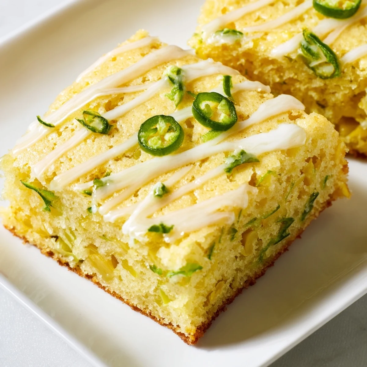 Close-up of Spicy Sweet Jalapeño Cornbread with Zesty Lime Drizzle highlighting a shiny glaze and tender interior with sweet corn kernels.