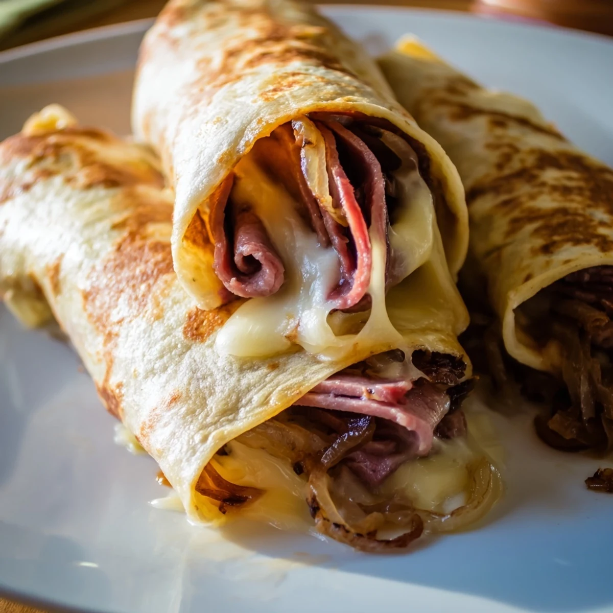 Golden brown Easy French Dip Tortilla Roll Ups, filled with tender roast beef, melty provolone, and caramelized onions on a baking sheet.