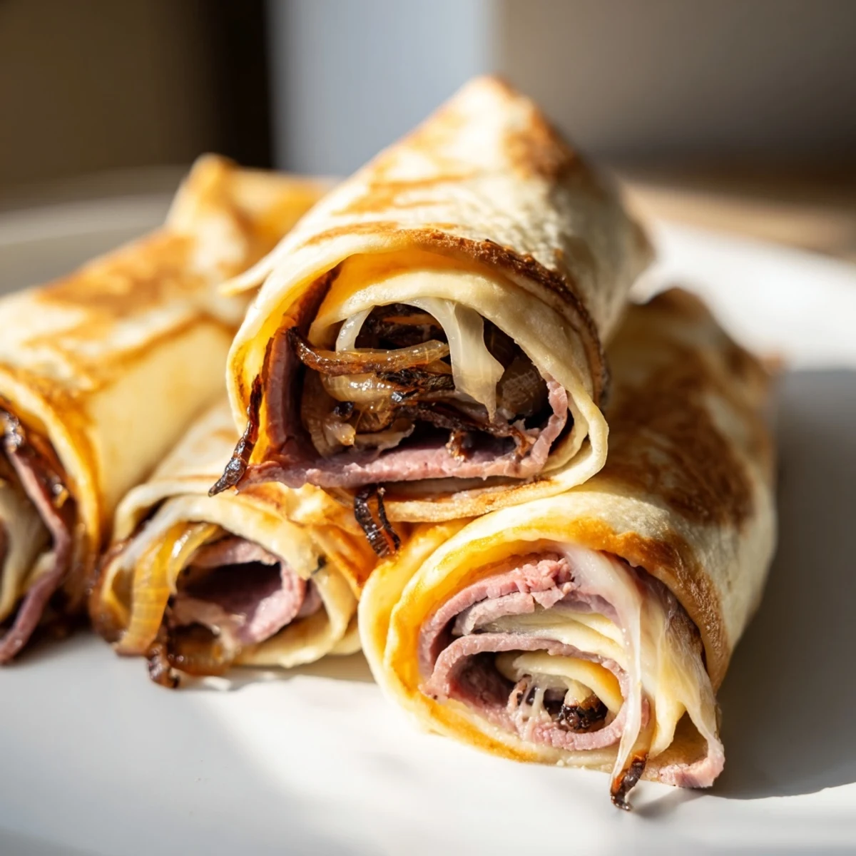 Warm Easy French Dip Tortilla Roll Ups served beside a small bowl of savory au jus for dipping, steam rising gently.