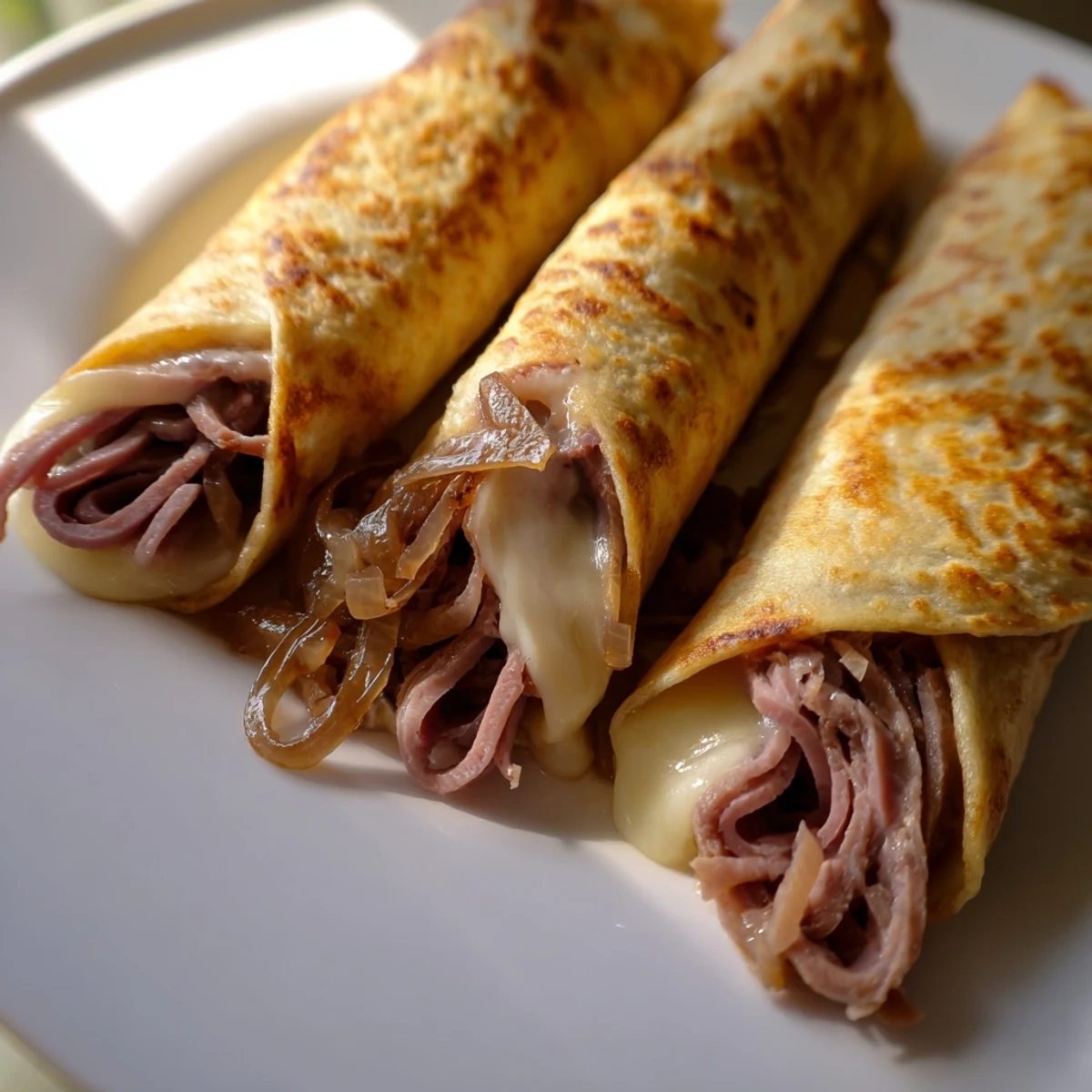 Crisp Easy French Dip Tortilla Roll Ups sliced in half on a wooden board, revealing melted cheese and rich roast beef layers.