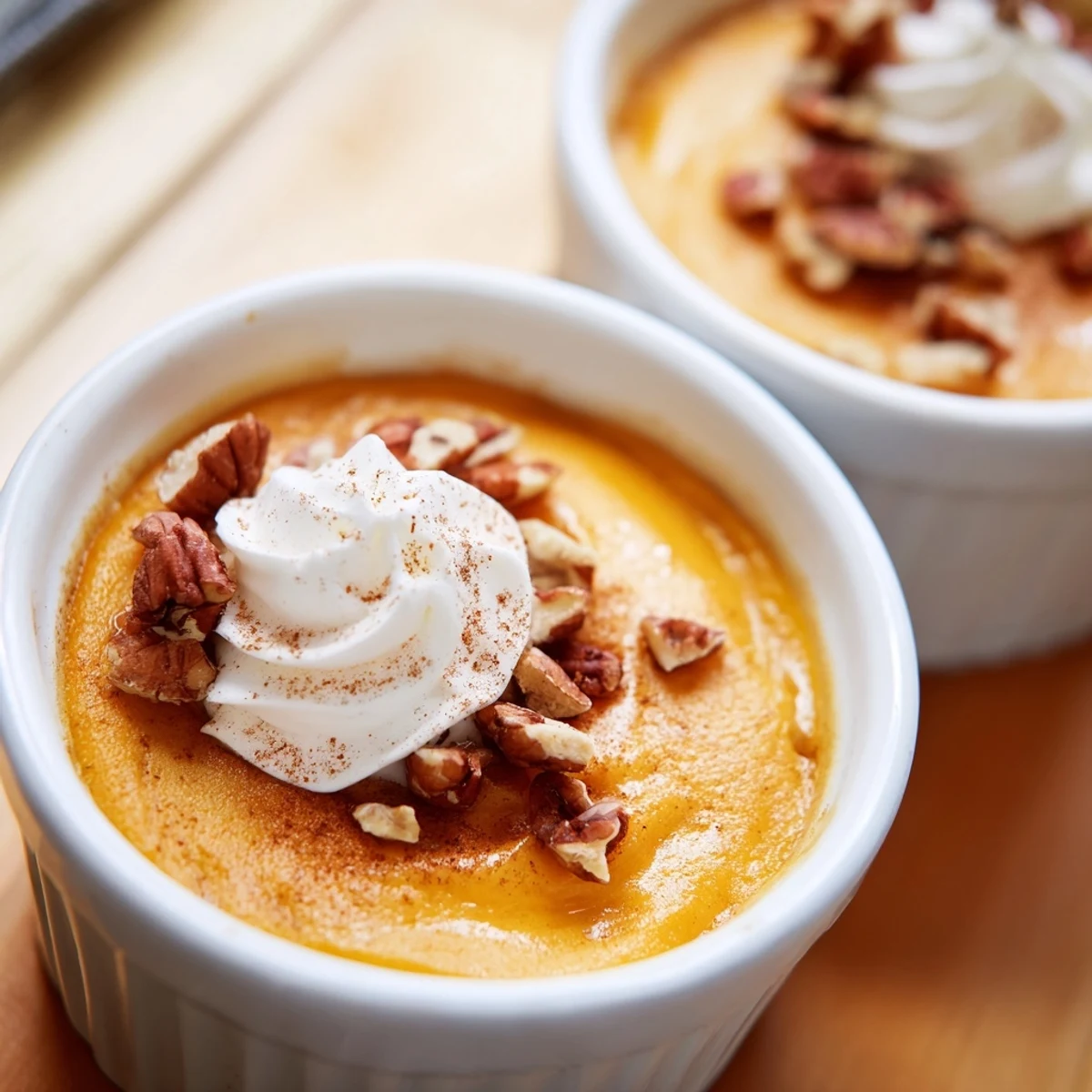 Freshly baked Effortless Baked Pumpkin Pudding served warm with a dollop of whipped cream and a sprinkle of cinnamon.