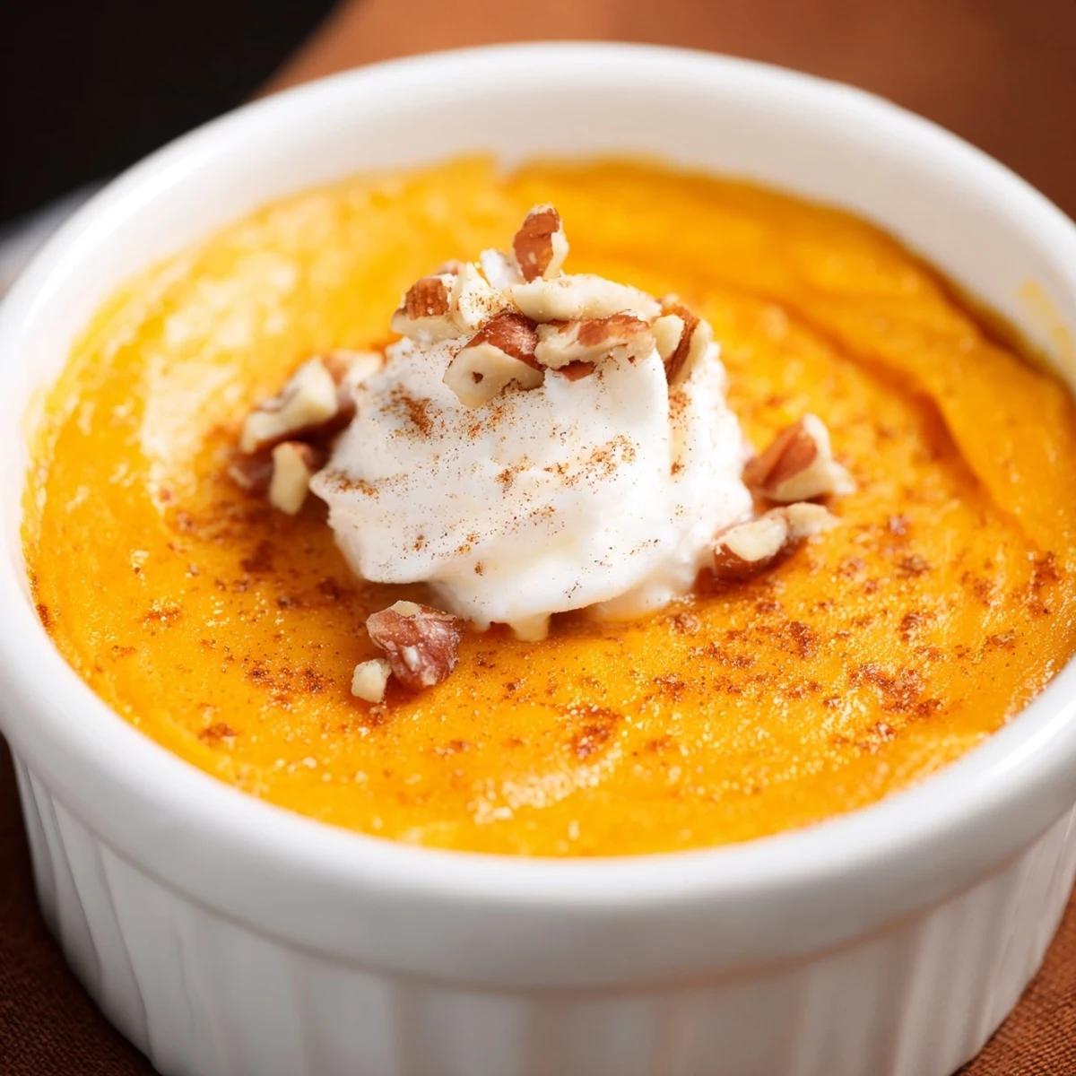 Close-up of silky, creamy Effortless Baked Pumpkin Pudding with a smooth texture and golden top in a ramekin.