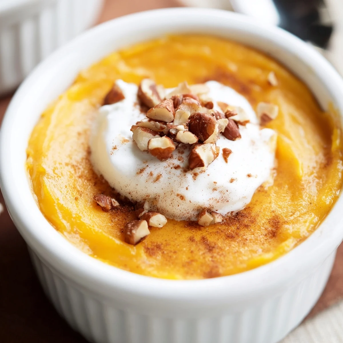 A slice of Effortless Baked Pumpkin Pudding reveals moist interior, perfect for a cozy autumn dessert with warm spices.