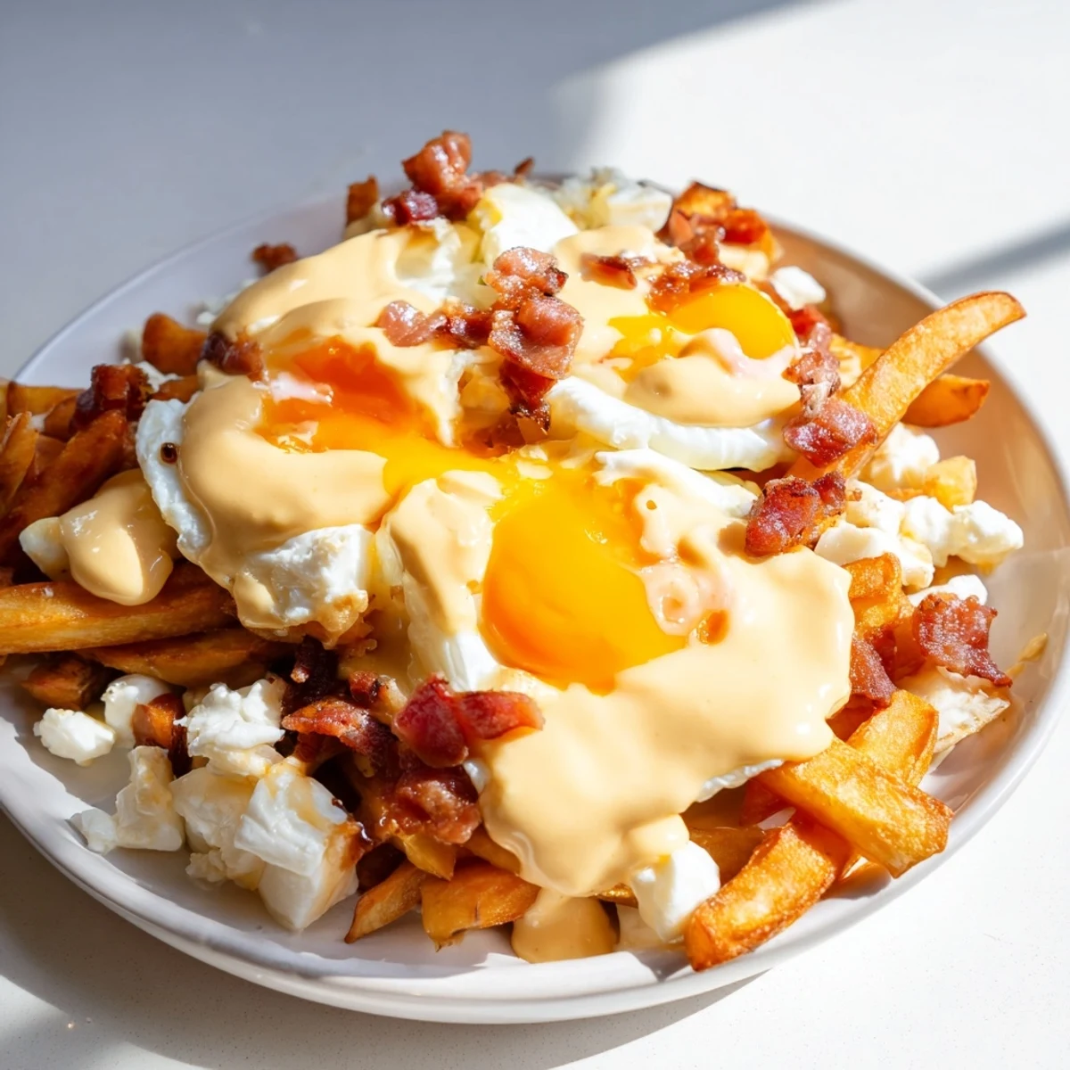 Golden, crispy russet fries topped with fresh cheese curds, sunny-side-up eggs, and a warm drizzle of Ultimate Breakfast Poutine with Creamy Hollandaise Sauce.