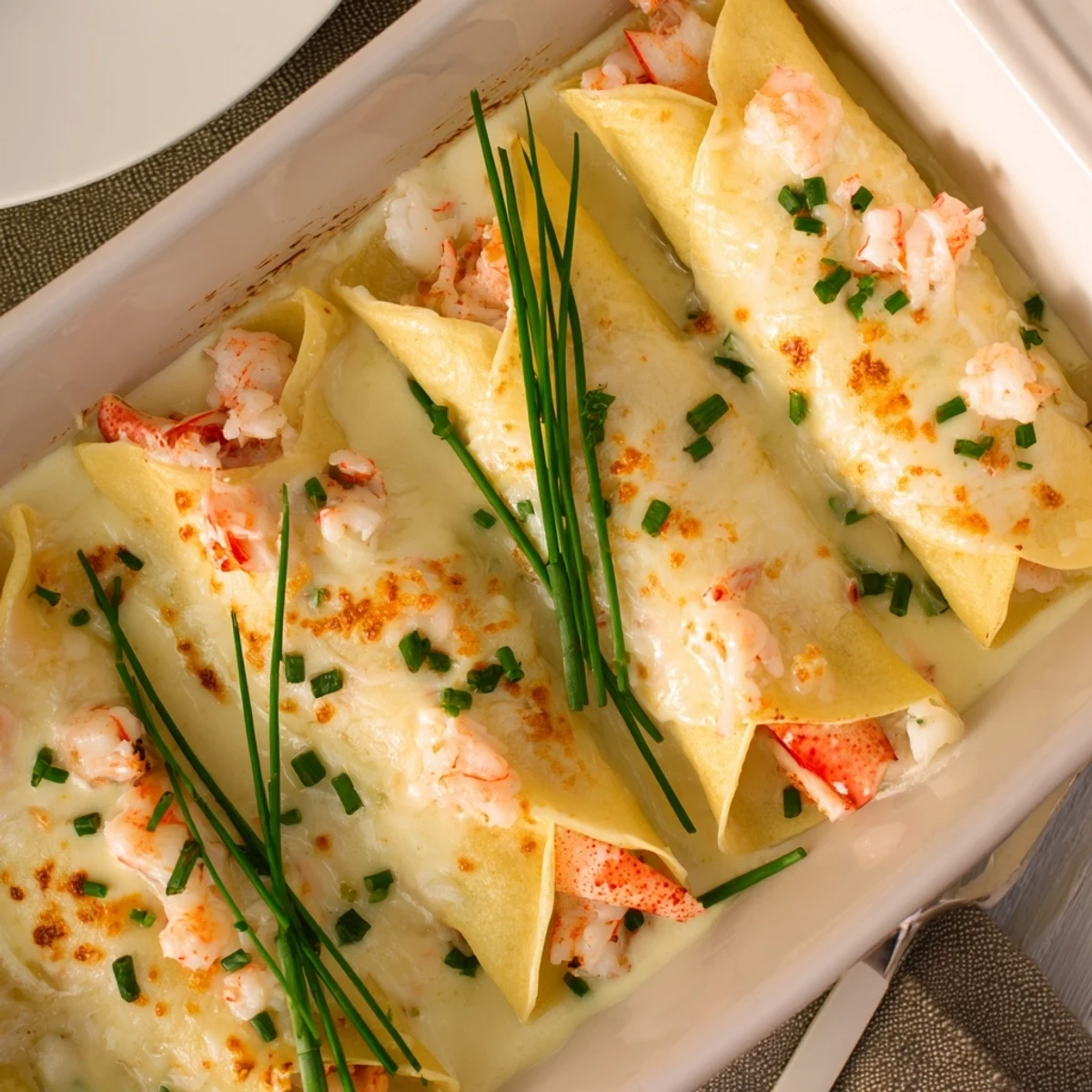 A close-up view shows the creamy béchamel sauce drizzled over rolled crêpes filled with shrimp and crab.