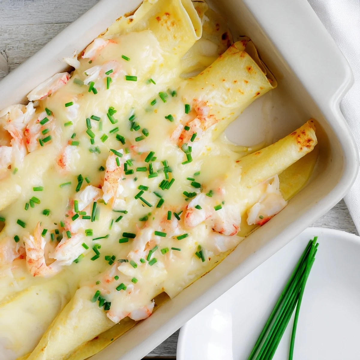 Golden-brown Gourmet Seafood Crêpes with Homemade Béchamel Sauce are elegantly plated and garnished with fresh chives.