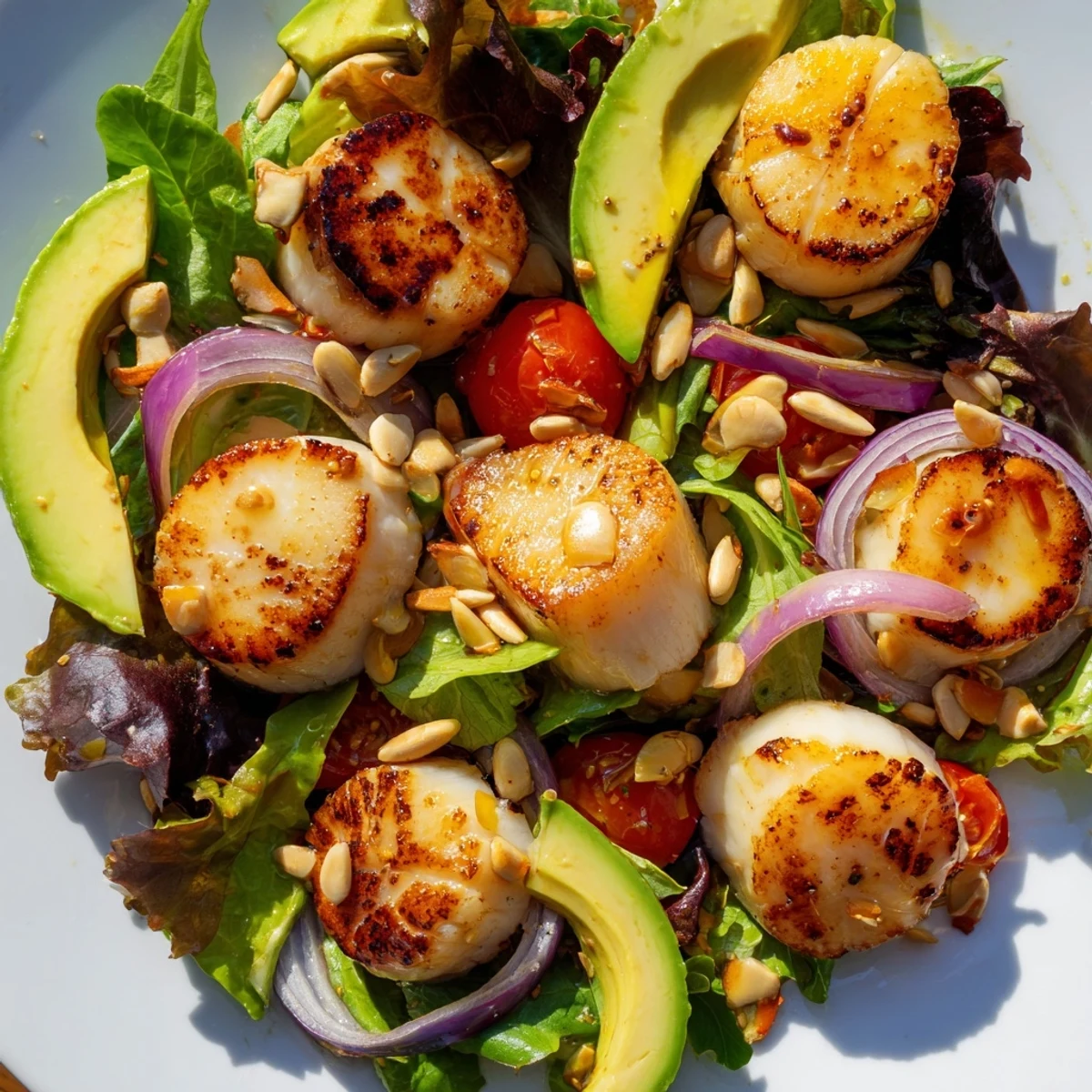 Pan Seared Scallops Romantic Dinner Salad is plated with fresh arugula, pomegranate arils, and a light citrus vinaigrette drizzle.