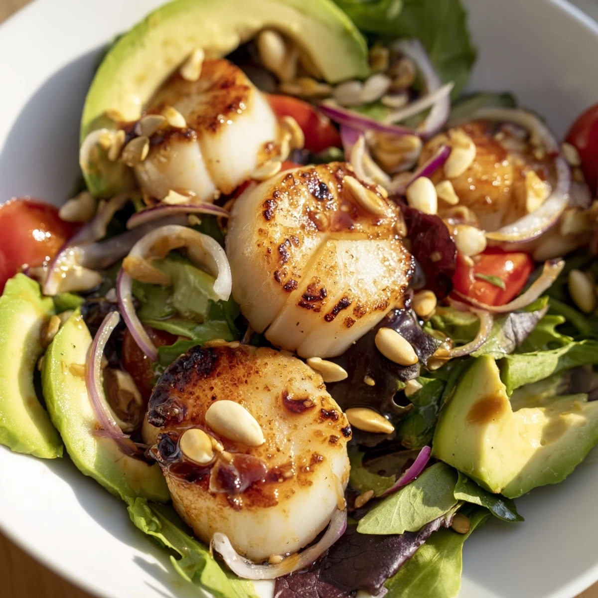 Golden-brown pan-seared scallops resting atop a vibrant salad of baby greens, avocado, and cherry tomatoes in a romantic dinner setting.