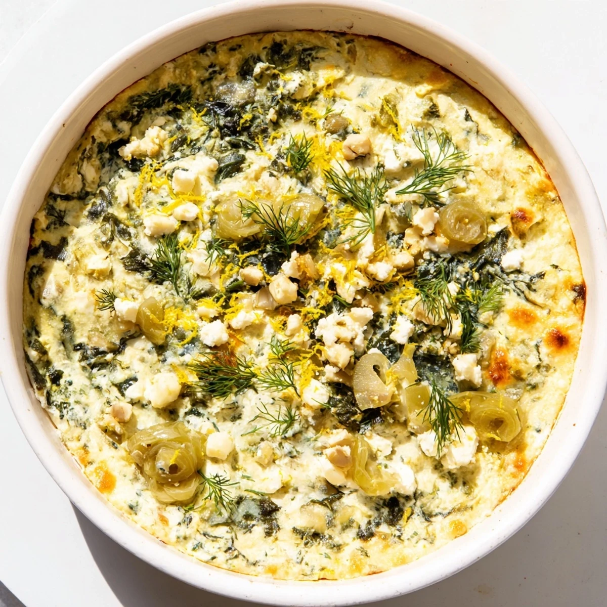 A close-up of Spinach and Pepperoncini Baked Feta Dip in a ceramic dish, featuring creamy melted feta, vibrant green spinach, and tangy sliced pepperoncini for a Mediterranean flavor.
