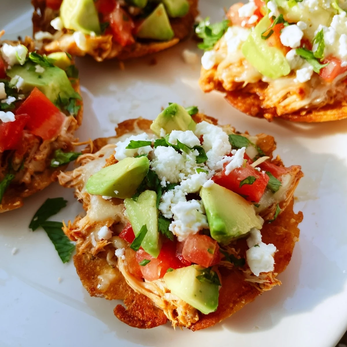 Delicious mini chicken tostadas with crispy corn shells, colorful lettuce, fresh salsa, and lime wedges ready for a party appetizer.