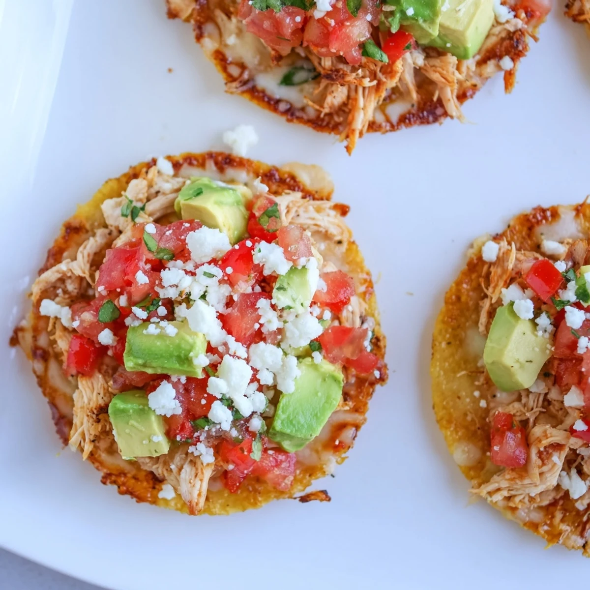 A close-up view of mini chicken tostadas featuring seasoned shredded chicken, creamy avocado slices, and crumbled queso fresco.  
