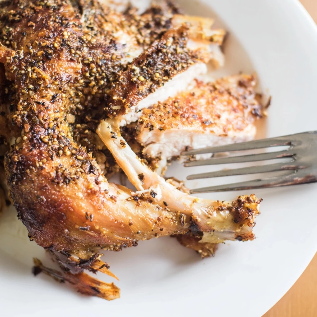 Succulent roasted zaatar chicken with crispy herb-crusted skin resting beside tender vegetables, ready for a family-style Middle Eastern dinner.