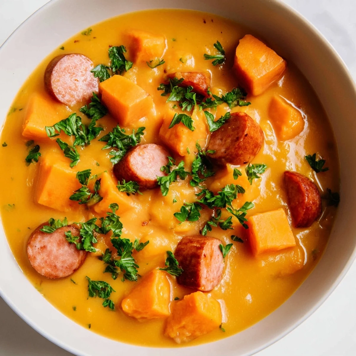 Creamy Sweet Potato and Sausage Soup ladled into a rustic bowl, garnished with fresh parsley.