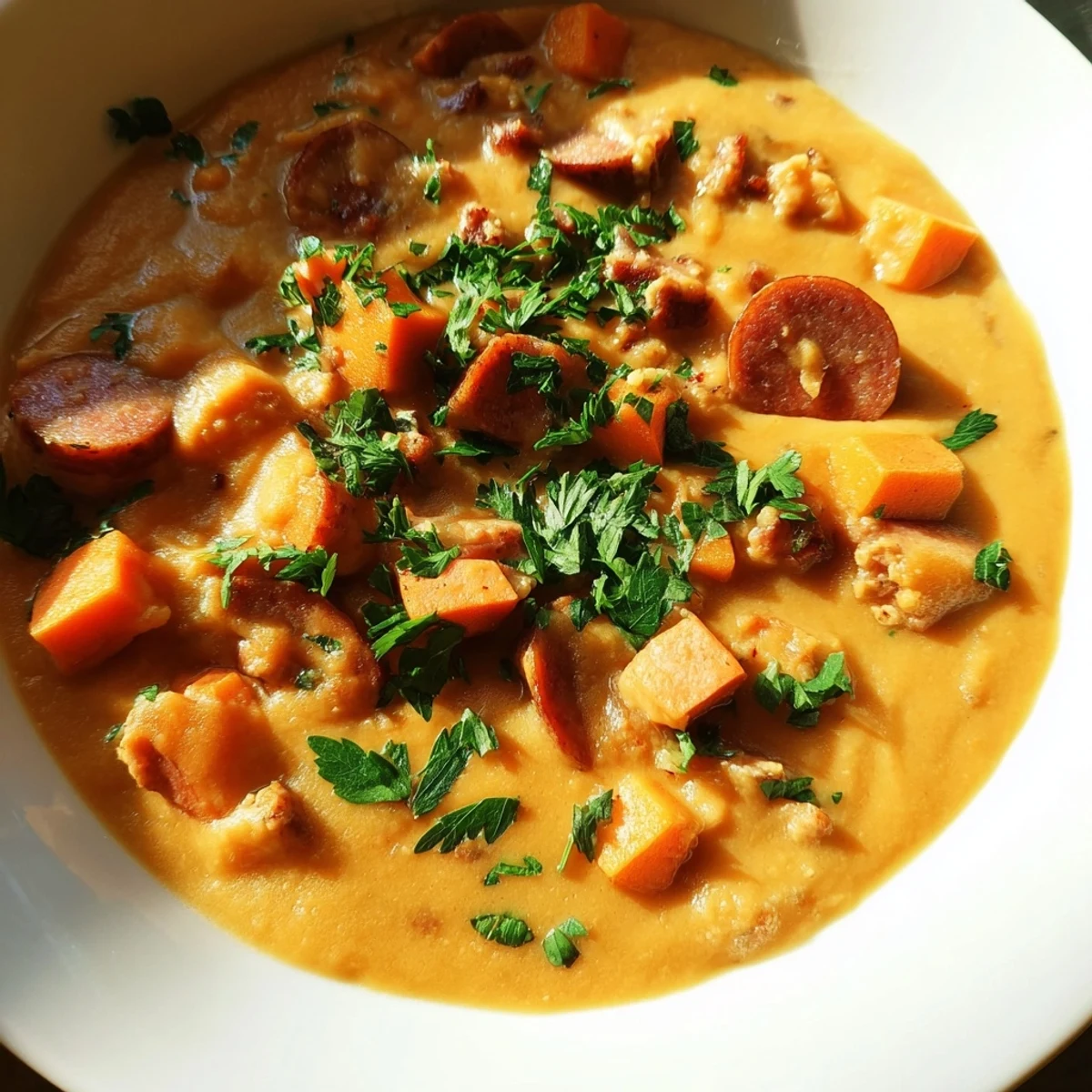 Close-up of Creamy Sweet Potato and Sausage Soup showing smooth texture and sausage pieces.