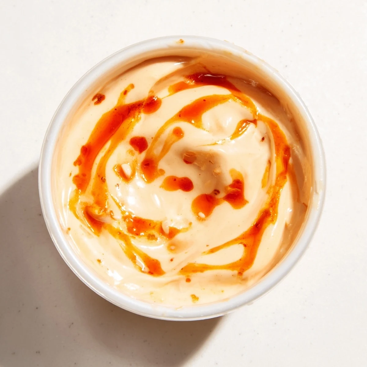 Creamy Spicy Aioli is drizzled over grilled chicken in a skillet, steam rising and flecked with red chili flakes for heat.