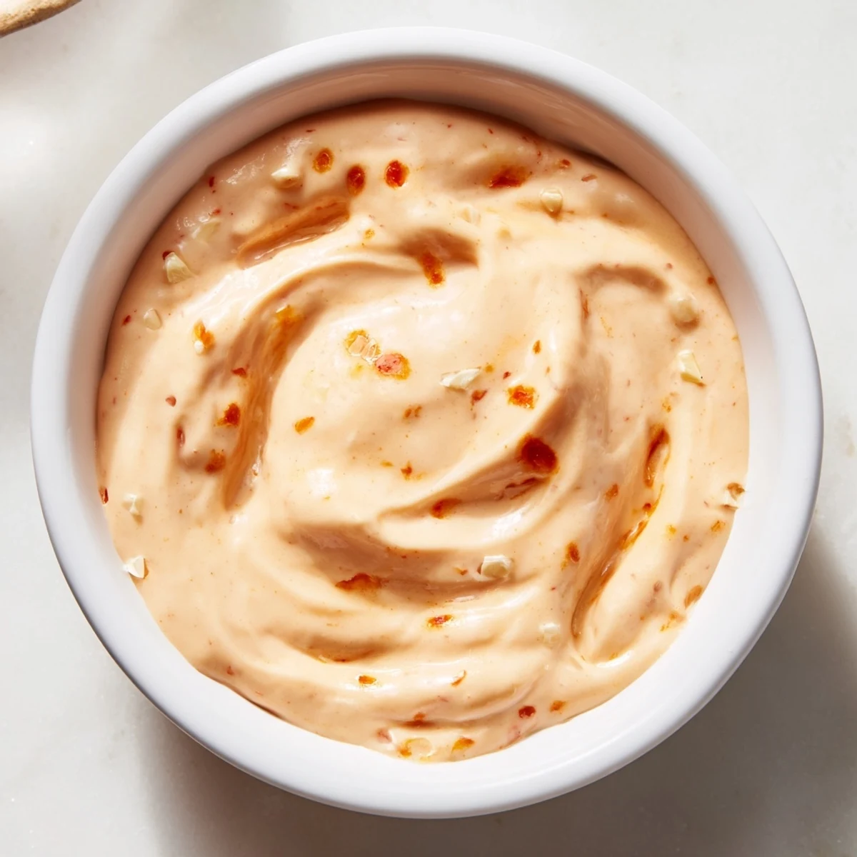 A soft bread spread showcases smooth Spicy Aioli, dotted with minced garlic, paired with roasted vegetables on a white plate.