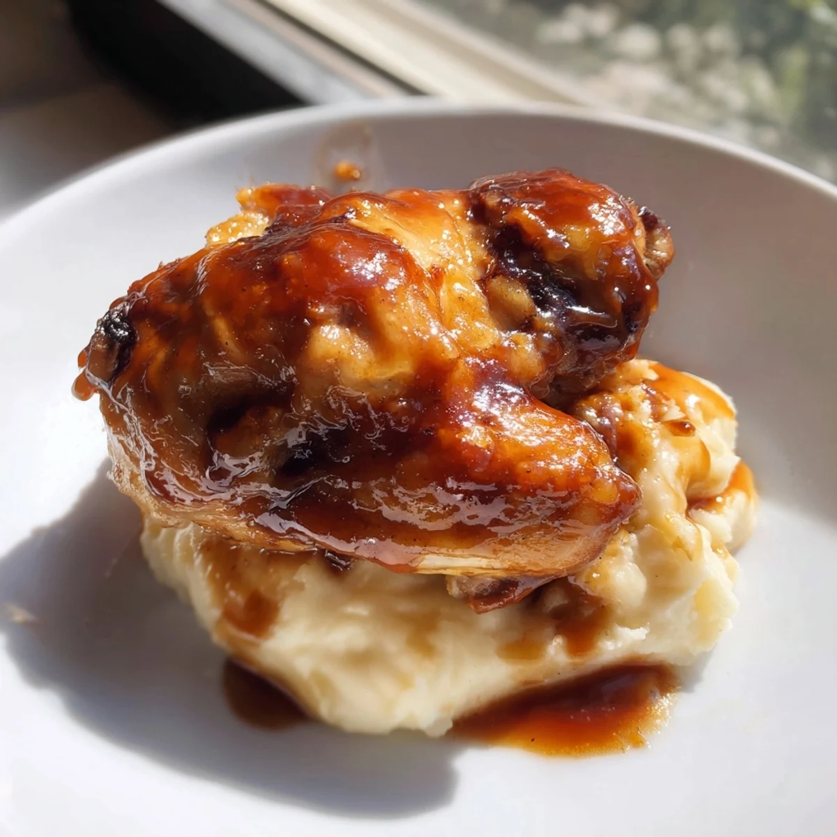 Caramelized skin on chipotle honey chicken thighs pairs with fluffy smoked Gouda potatoes and fresh chives.