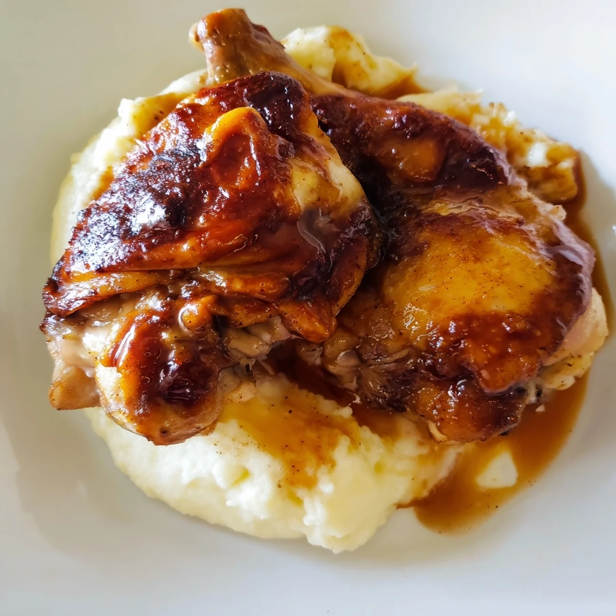 Sizzling chipotle honey chicken thighs sit atop velvety smoked Gouda potatoes, garnished with herbs for a cozy dinner.