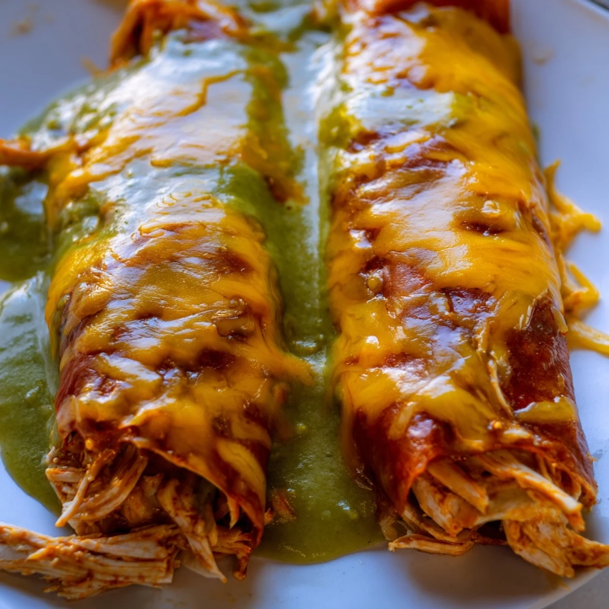 A close-up of Green Enchiladas With Chicken in a baking dish, showing shredded chicken and tangy green sauce.