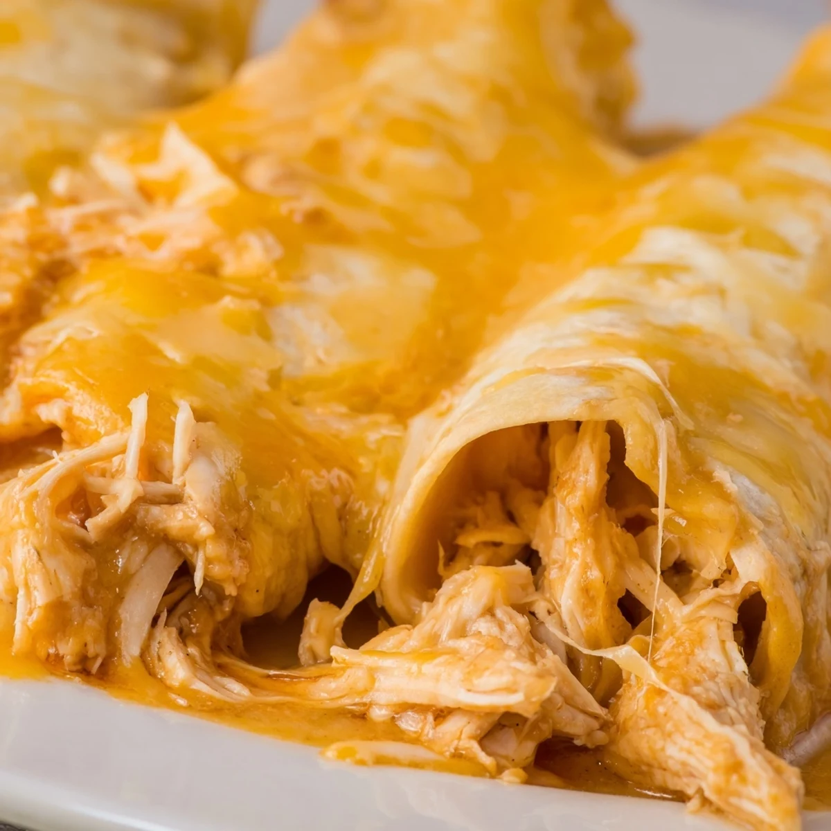 Golden-brown Green Enchiladas With Chicken bubbling with melted Monterey Jack, topped with sour cream and fresh cilantro.