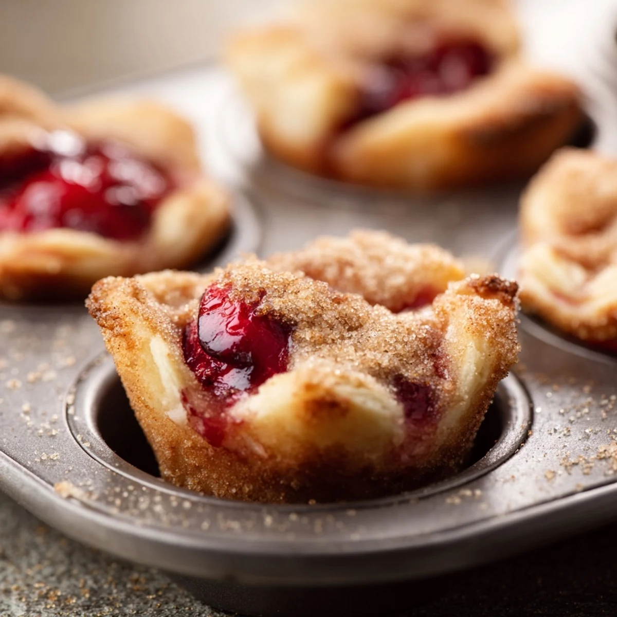 A hand holding one warm Quick Cherry Pie bite, its glazed pastry edge glistening and the sweet cherry center steaming invitingly.