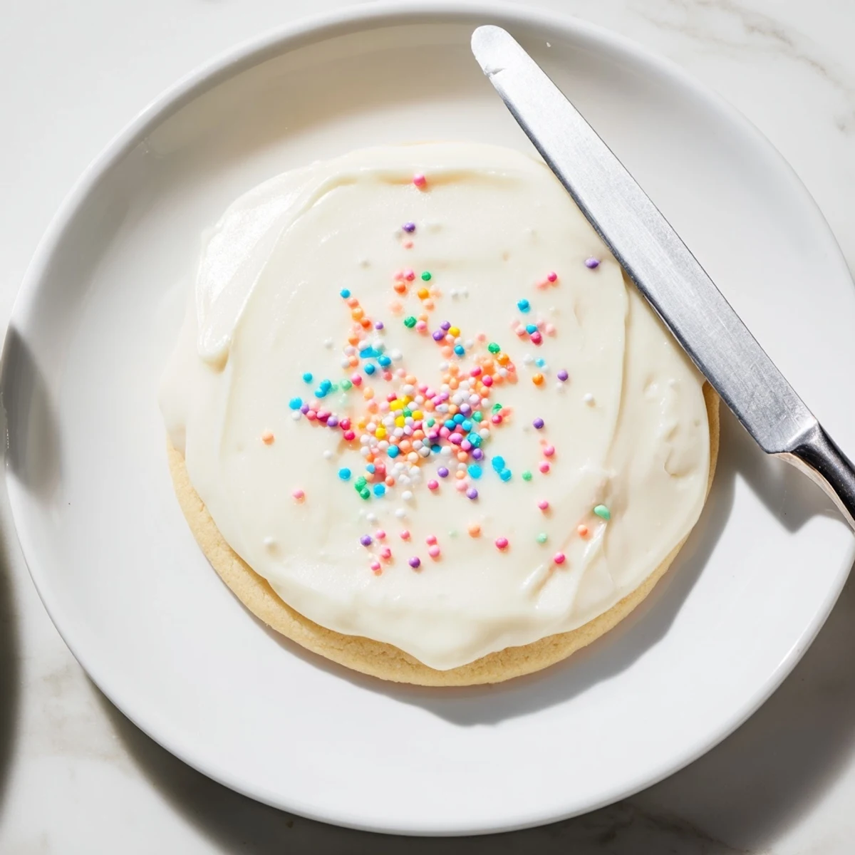 Close-up of white Sugar Cookie Icing spread smoothly over decorated sugar cookies on a baking sheet.