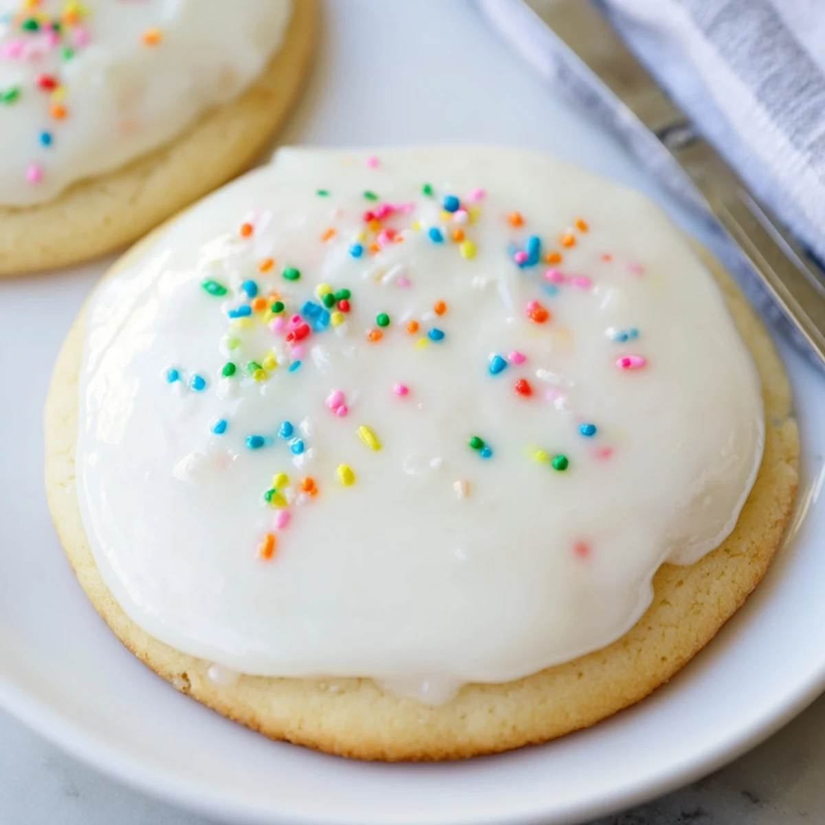 Glossy Sugar Cookie Icing poured from a spoon onto fresh-baked sugar cookies in a mixing bowl.