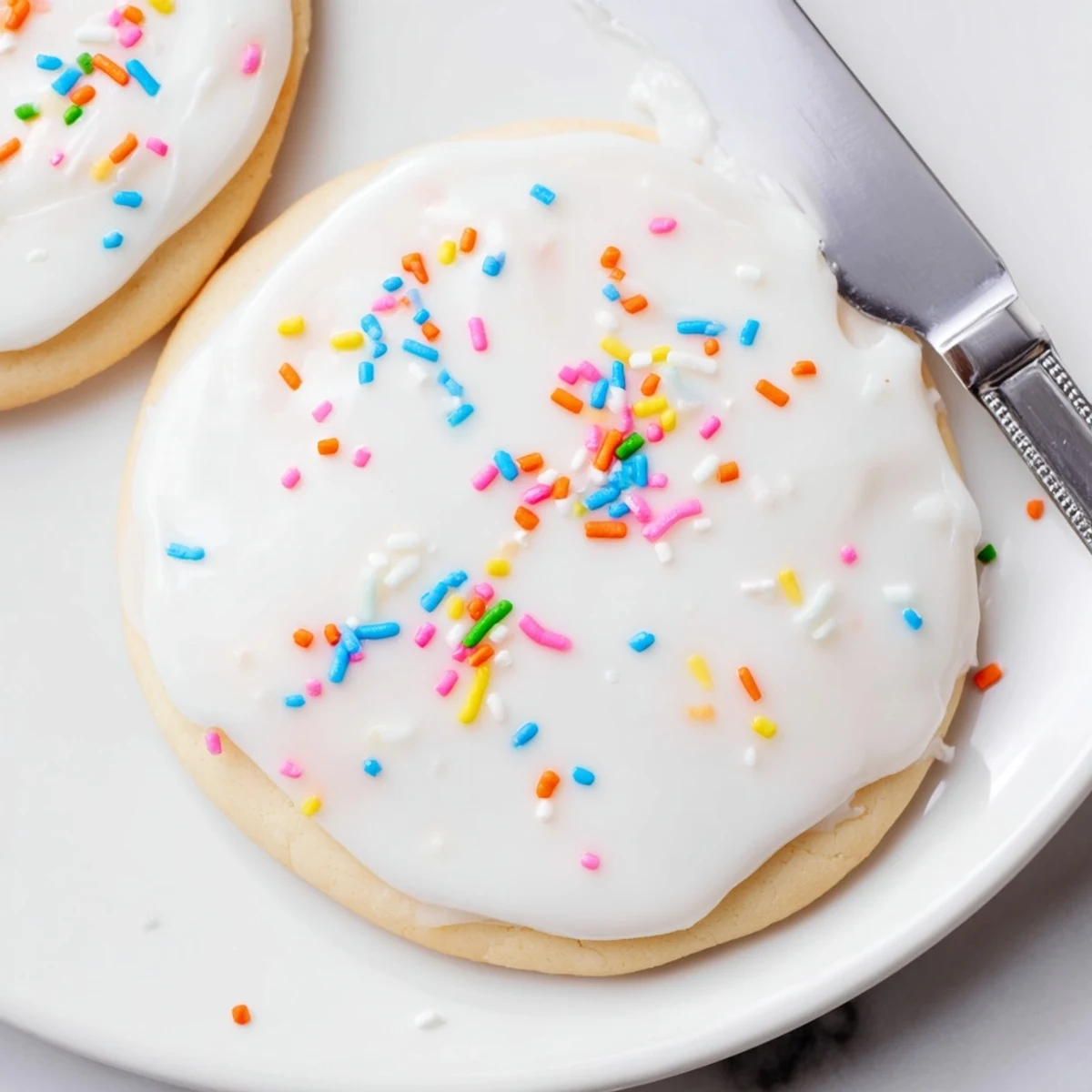 Vibrant red and green Sugar Cookie Icing in small bowls with piped swirls and sprinkles nearby.