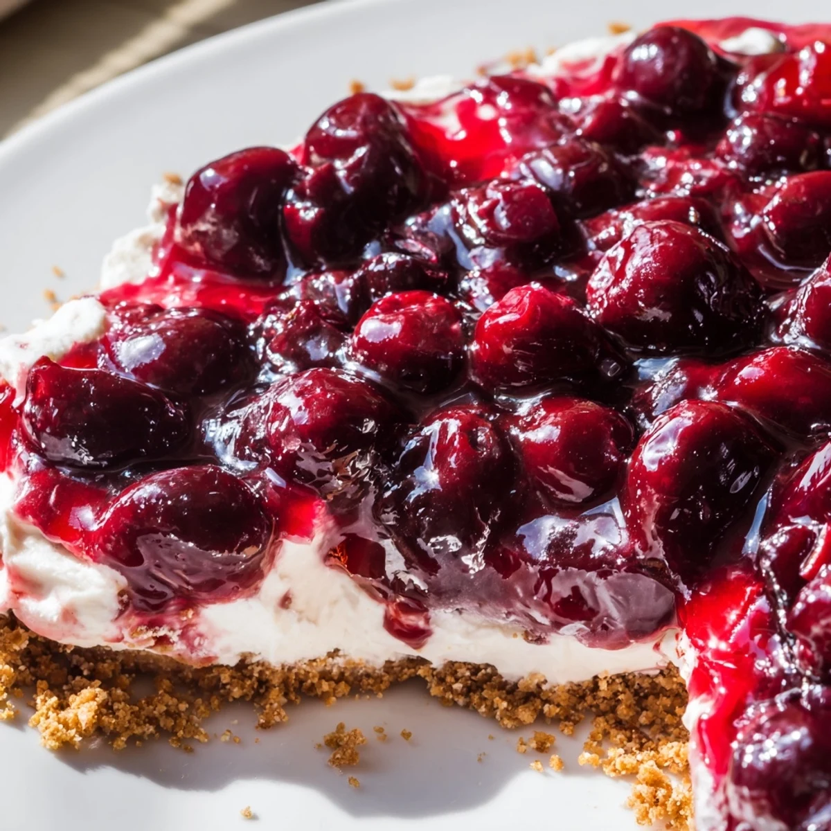 Close-up of Classic Cherry Delight with luscious cherry pie filling, velvety cream cheese, and crunchy graham cracker base.