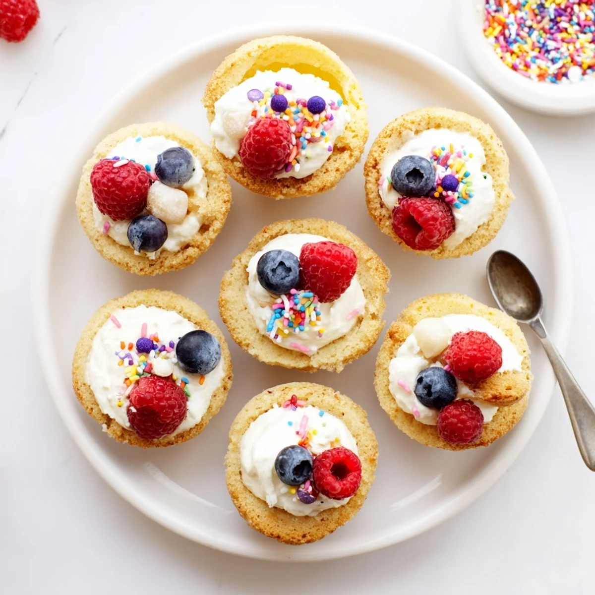 Freshly baked Sugar Cookie Cups with golden edges and vanilla whipped cream, topped with bright berries for a sweet party treat.