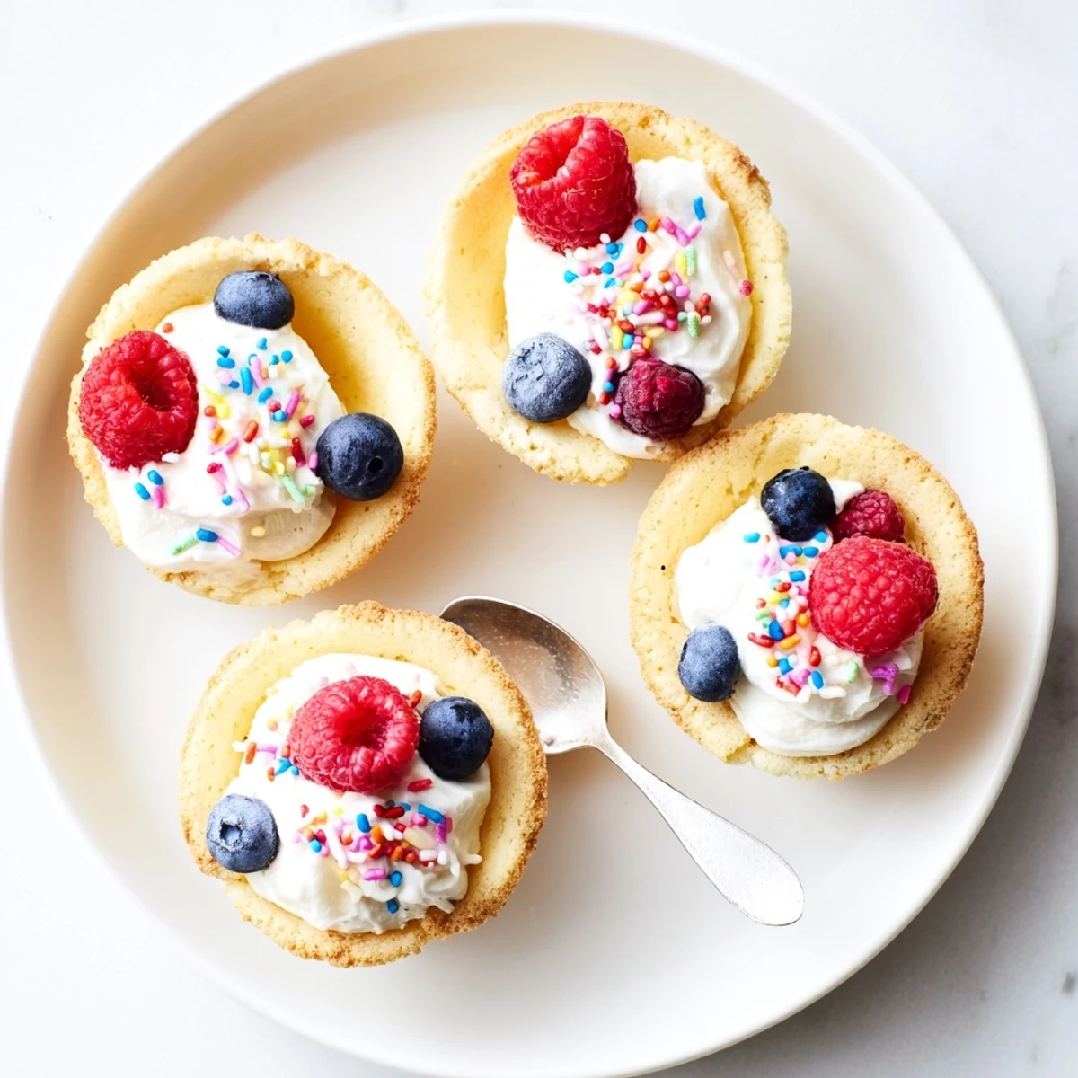 Detailed close-up of Sugar Cookie Cups in a muffin tin, filled with fluffy cream and colorful sprinkles for an easy homemade dessert.