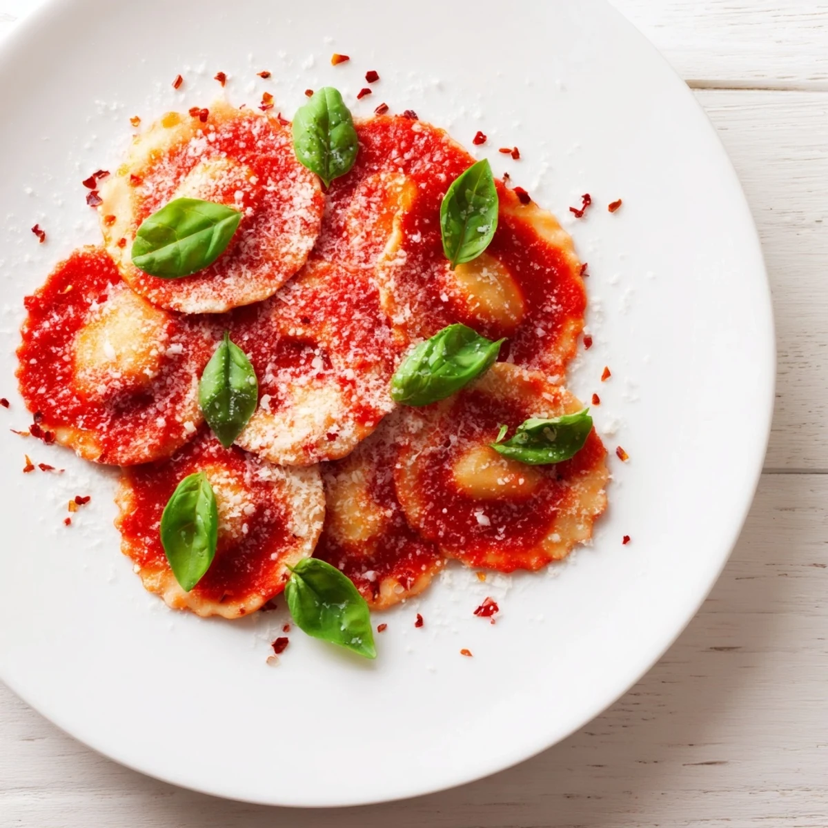 Golden-brown tender 20-Minute Ravioli with Simple Sauce tossed in vibrant tomato basil sauce, served steaming in a white bowl.