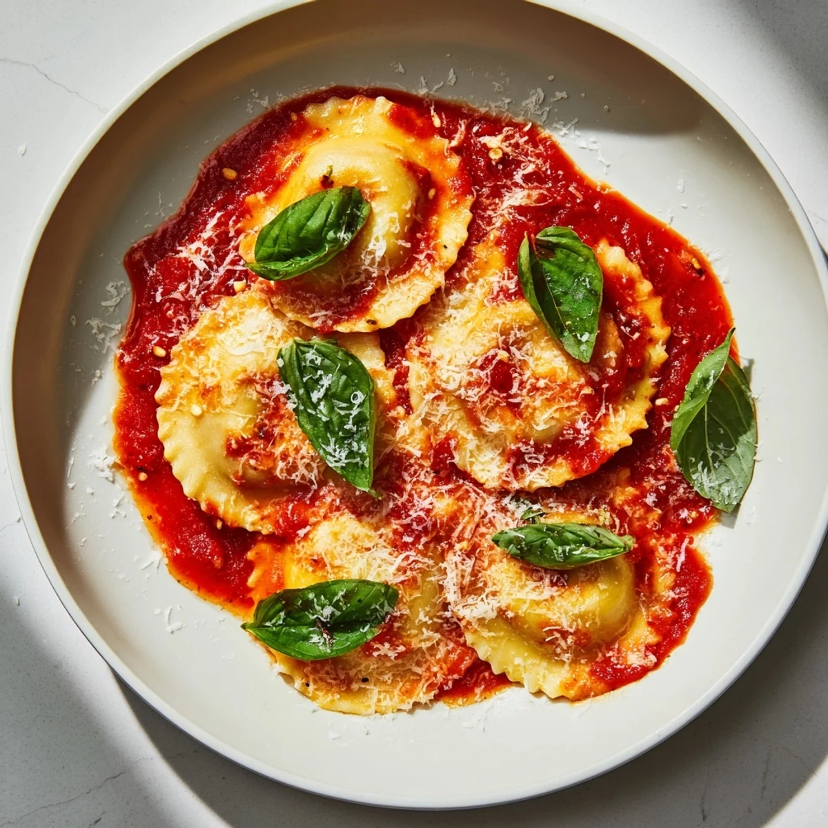 Close-up of 20-Minute Ravioli with Simple Sauce coated in chunky red sauce, garnished with fresh basil and grated Parmesan cheese.