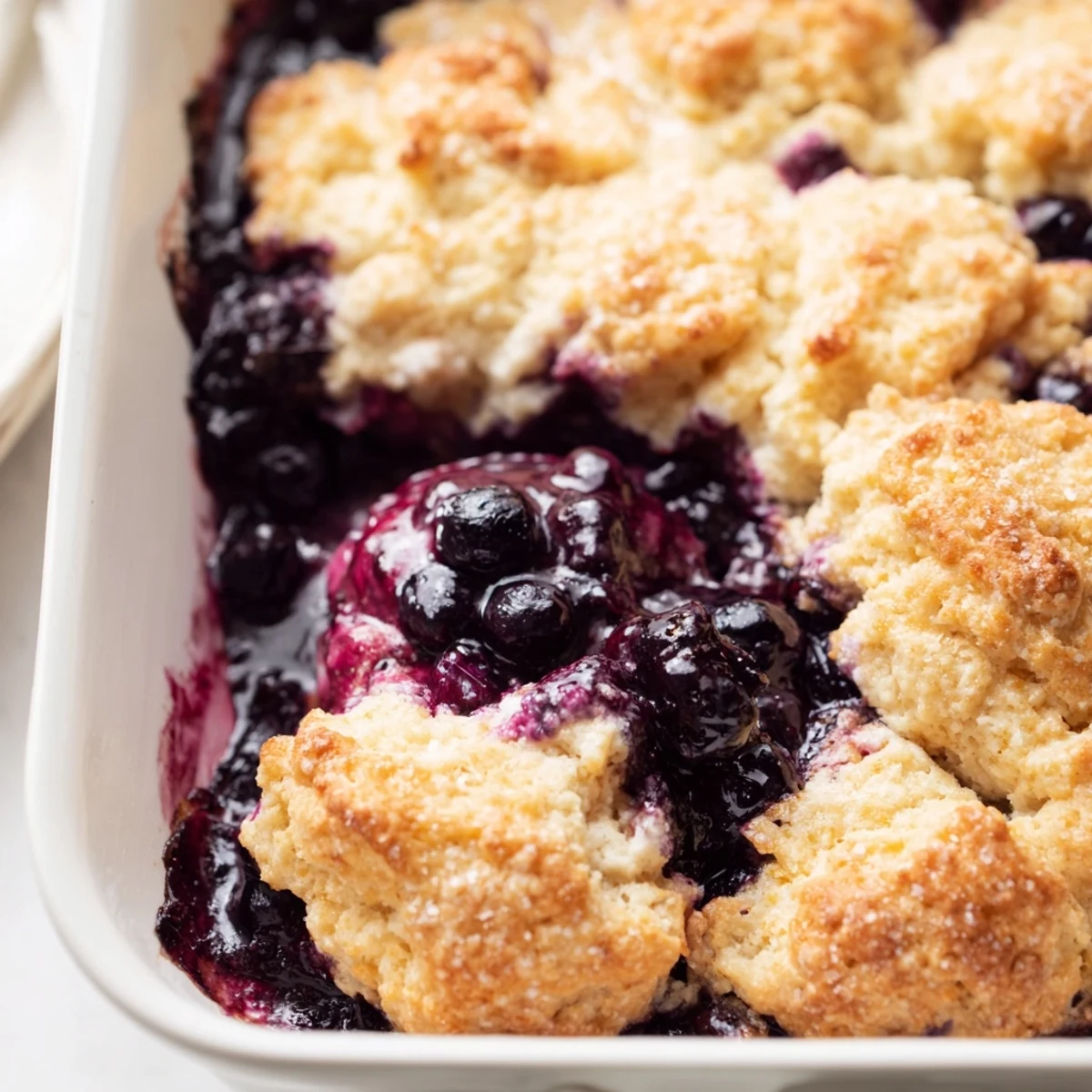 A spoon lifts from a dish of baked Moist Blueberry Cobbler With Frozen Berries, revealing golden biscuit crust and bubbling purple filling. 