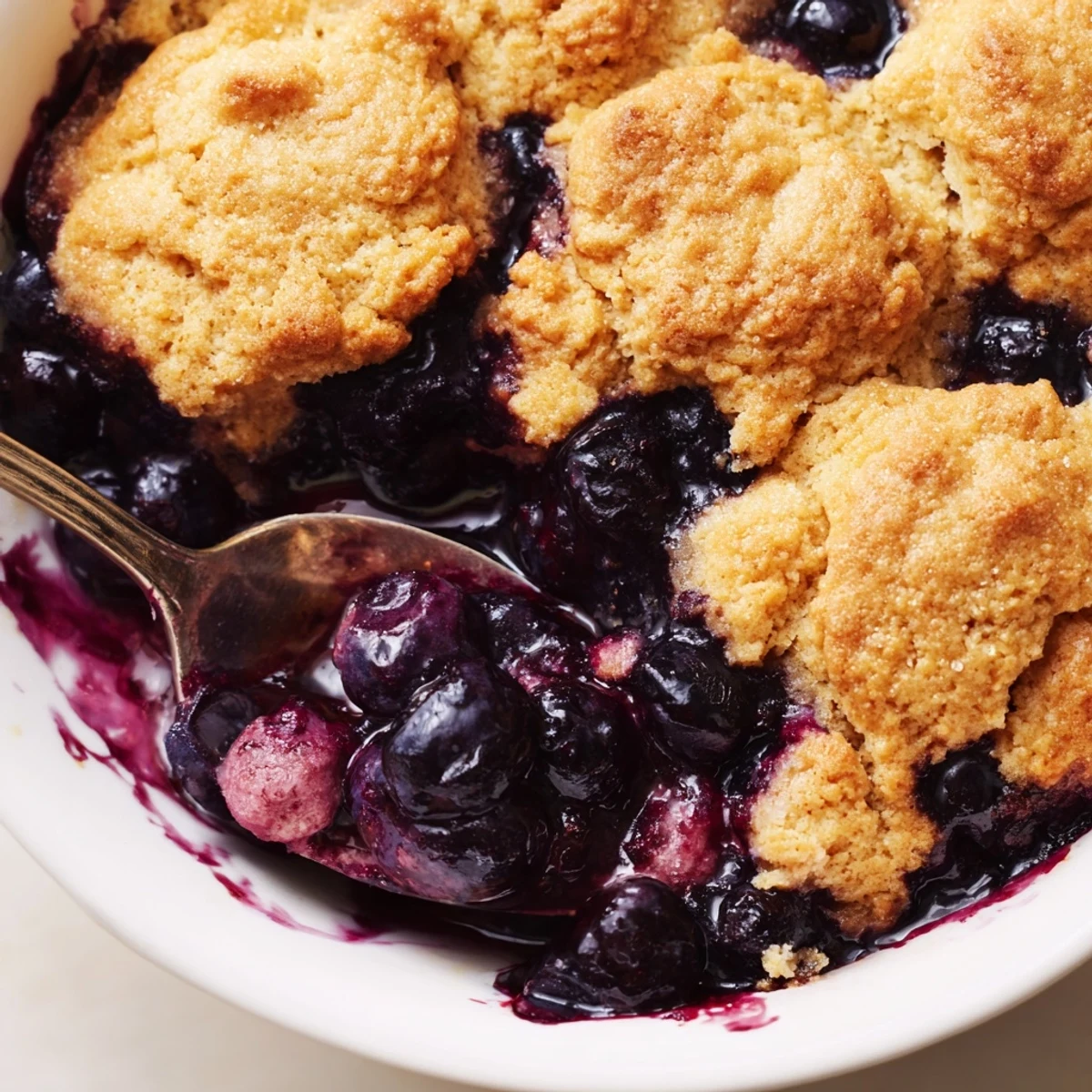 Warm Moist Blueberry Cobbler With Frozen Berries is scooped into a bowl beside a melting scoop of vanilla ice cream. 