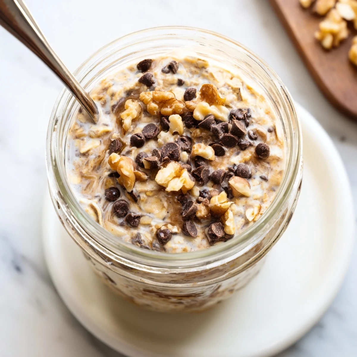Creamy overnight oats topped with mini chocolate chips and walnuts, served chilled in a clear glass jar.