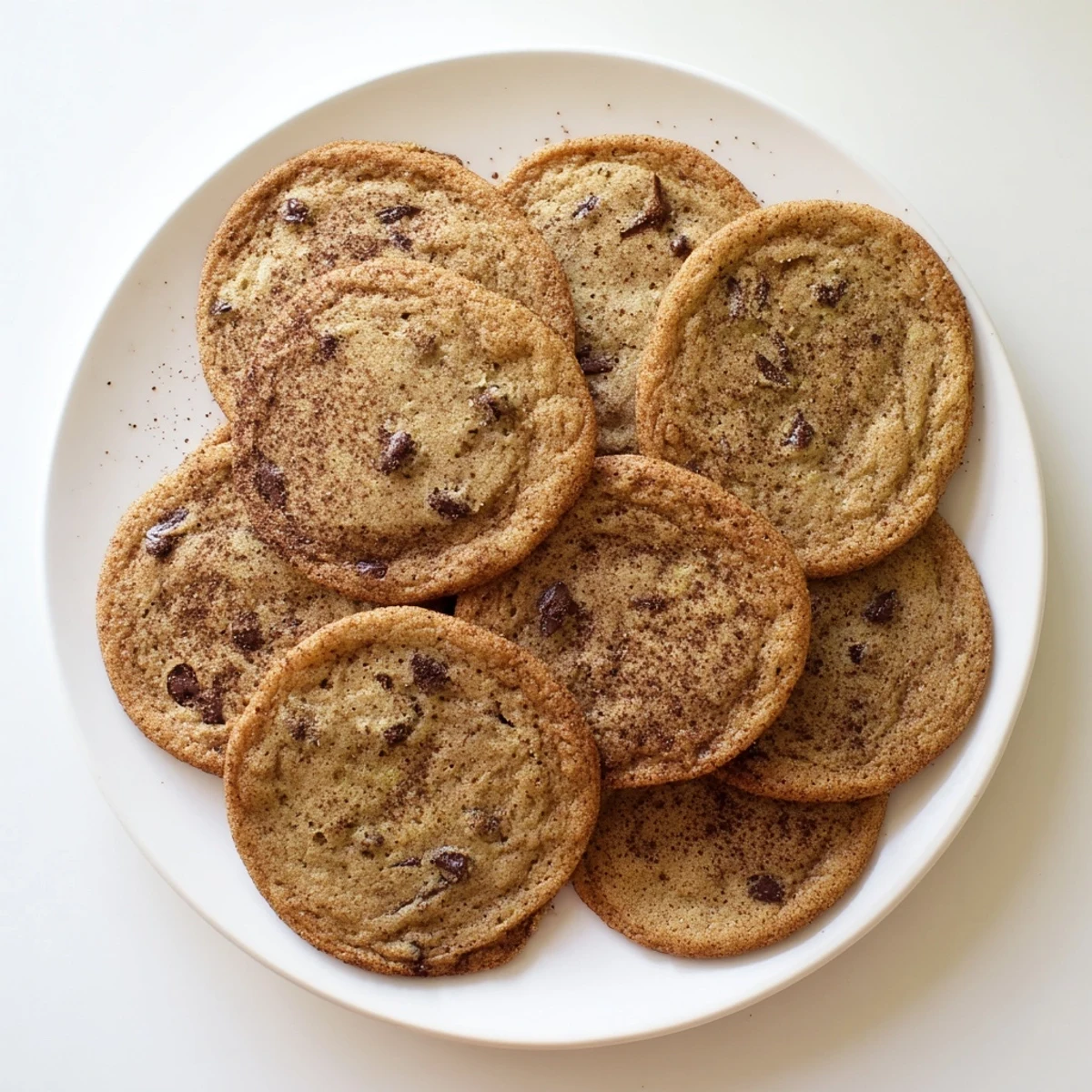 Close-up of golden-brown Chai Spiced Chocolate Chip Cookies showing soft, chewy centers and warm chai spice specks.