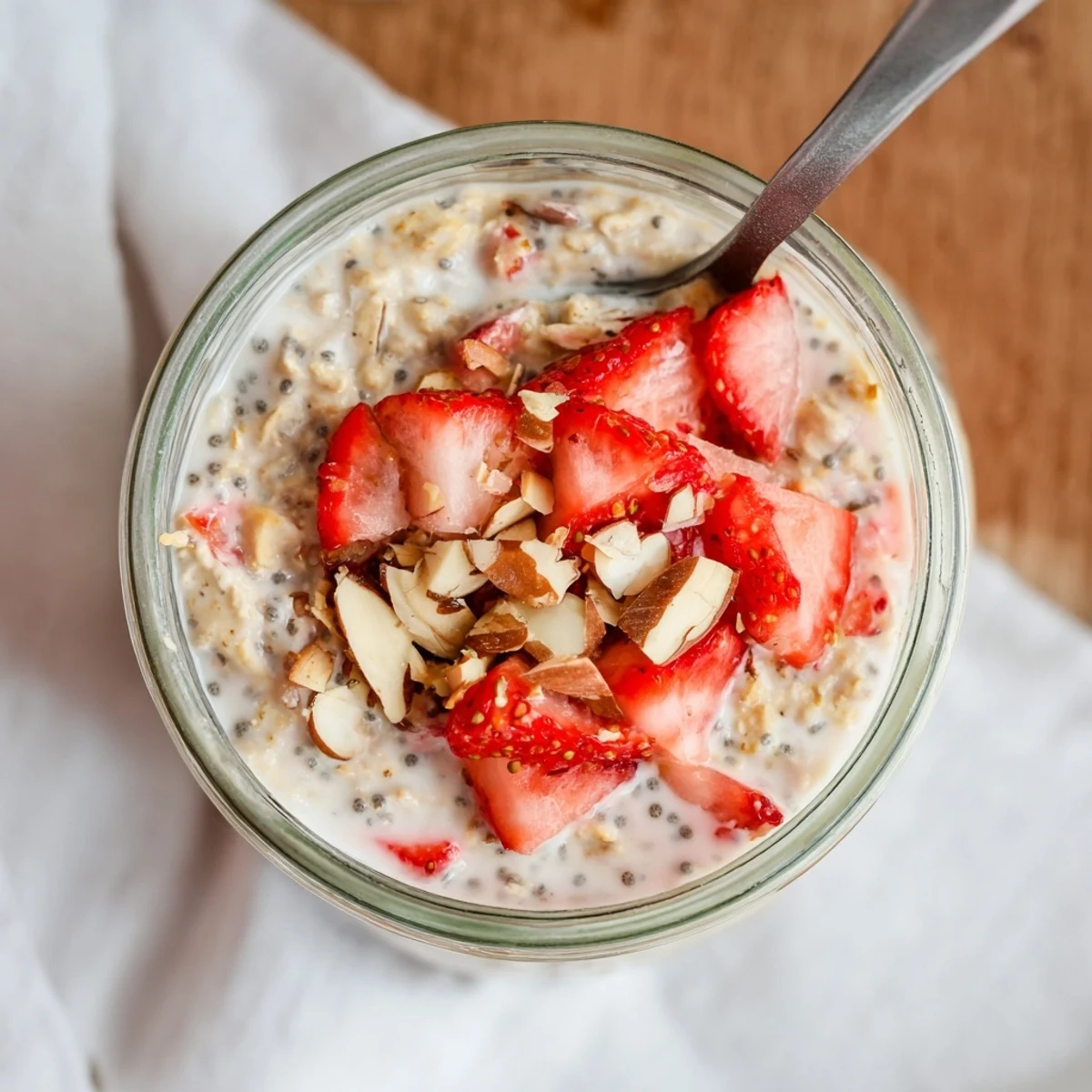 Healthy Strawberry Overnight Oats served in a bowl with diced strawberries and a drizzle of honey.