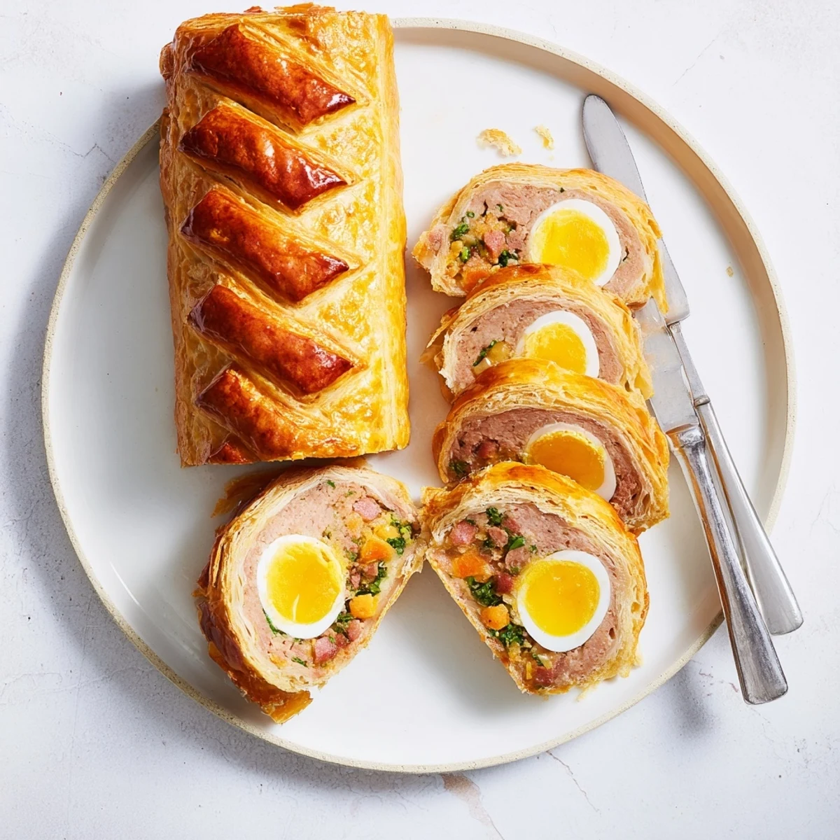 A close-up of a Giant Chorizo and Egg Sausage Roll highlights the crispy, all-butter puff pastry exterior and the vibrant red chorizo and yellow egg filling.