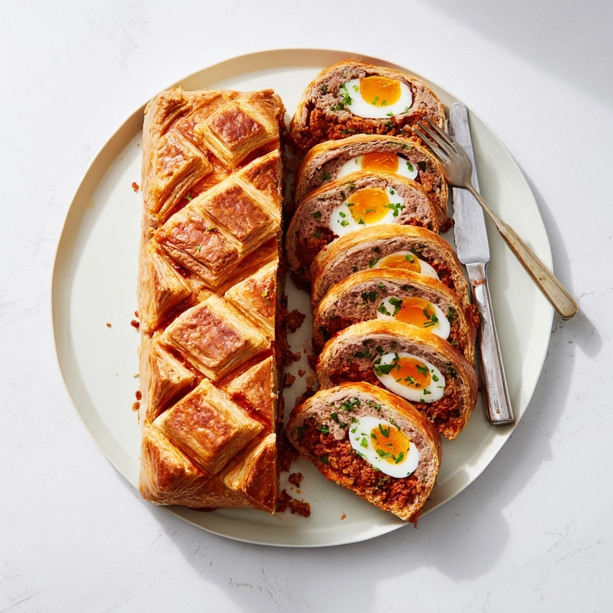 Freshly baked Giant Chorizo and Egg Sausage Roll sits on a wooden cutting board, ready to be sliced for a savory brunch or picnic main dish.