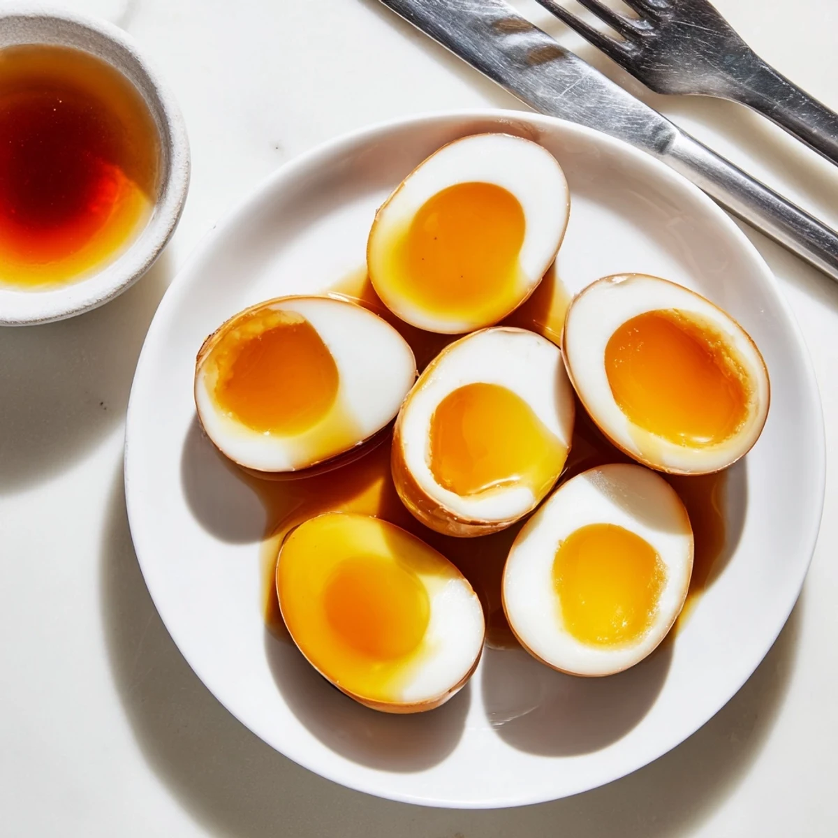 Four perfectly soft-boiled Ramen Eggs resting in a shallow ceramic dish filled with dark soy marinade, their edges glistening and yolks rich and jammy, ideal for adding umami to any ramen bowl.