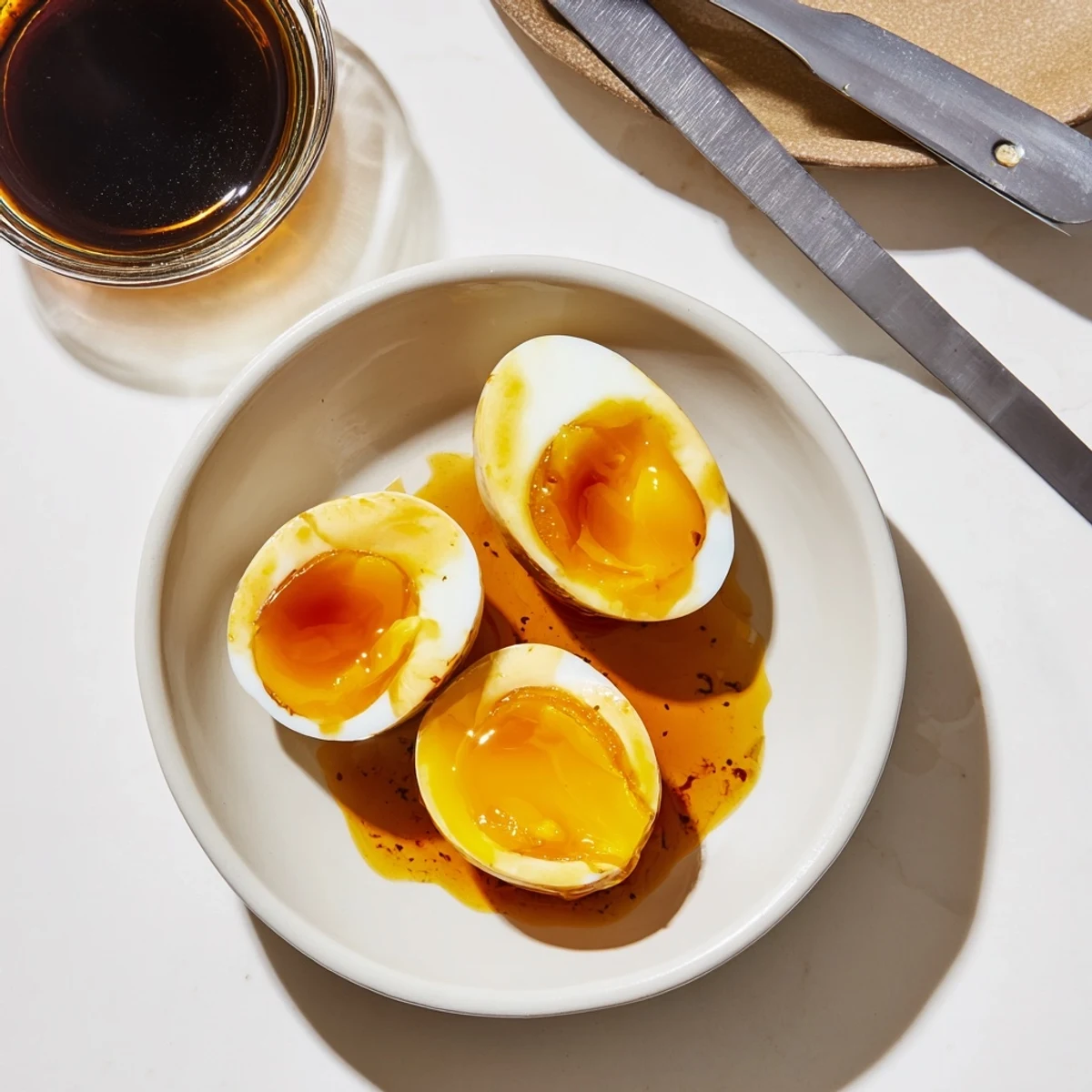 Freshly peeled Ramen Eggs gently placed into a glass container brimming with savory soy-based marinade, ready to soak up flavor overnight for an authentic Japanese appetizer.
