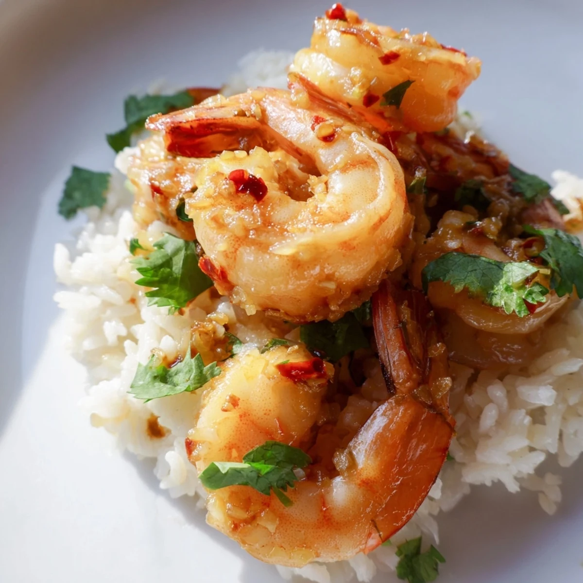 Freshly sautéed spicy lemongrass shrimp piled high on fluffy white coconut rice, garnished with cilantro and lime wedges.