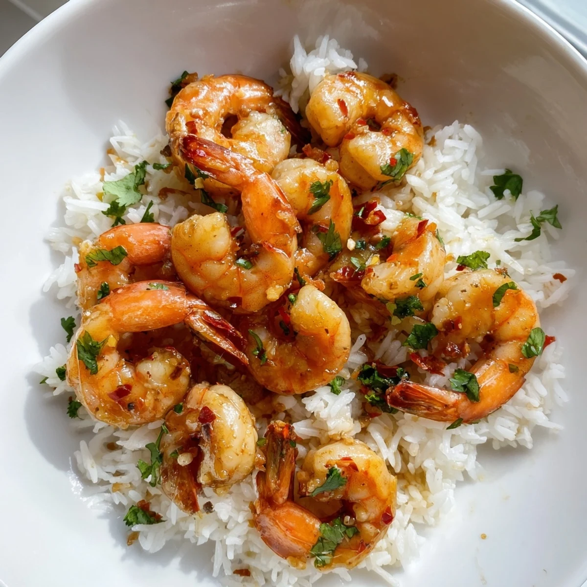 Bright orange shrimp glisten over creamy coconut rice, with fresh lime slices and cilantro sprigs on a rustic wooden table.